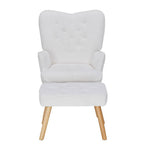 White Teddy Fabric Armchair With Ottoman, Iron Frame & Solid Oak Legs
