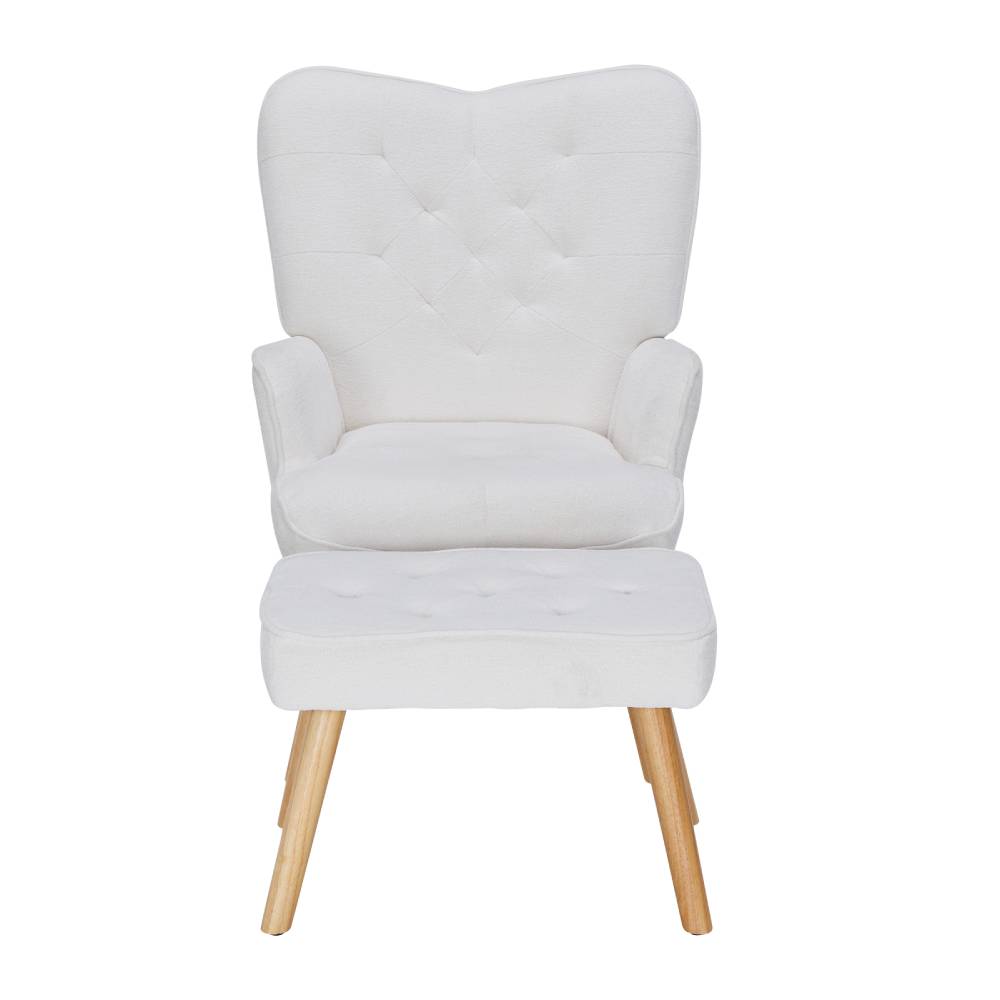 White Teddy Fabric Armchair With Ottoman, Iron Frame & Solid Oak Legs