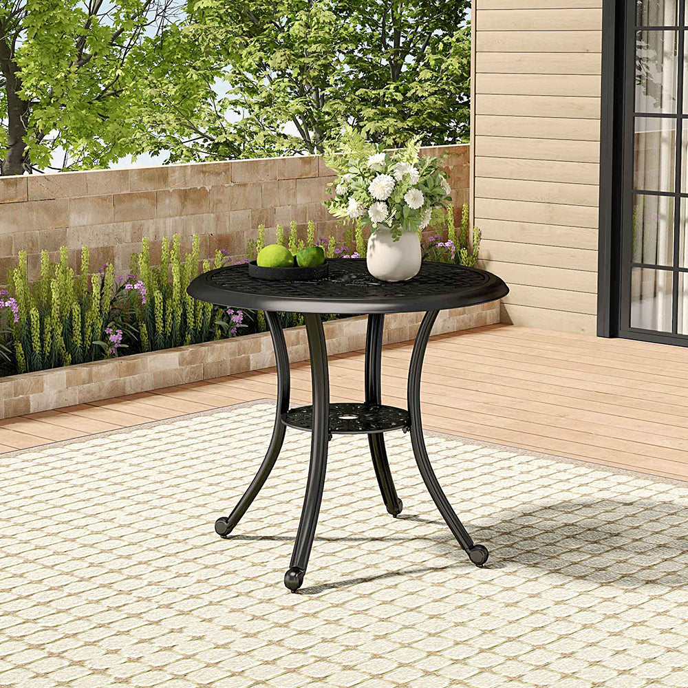Round Cast Aluminium Garden Dining Table With Parasol Hole, 80cm Dia X 71cm H,black