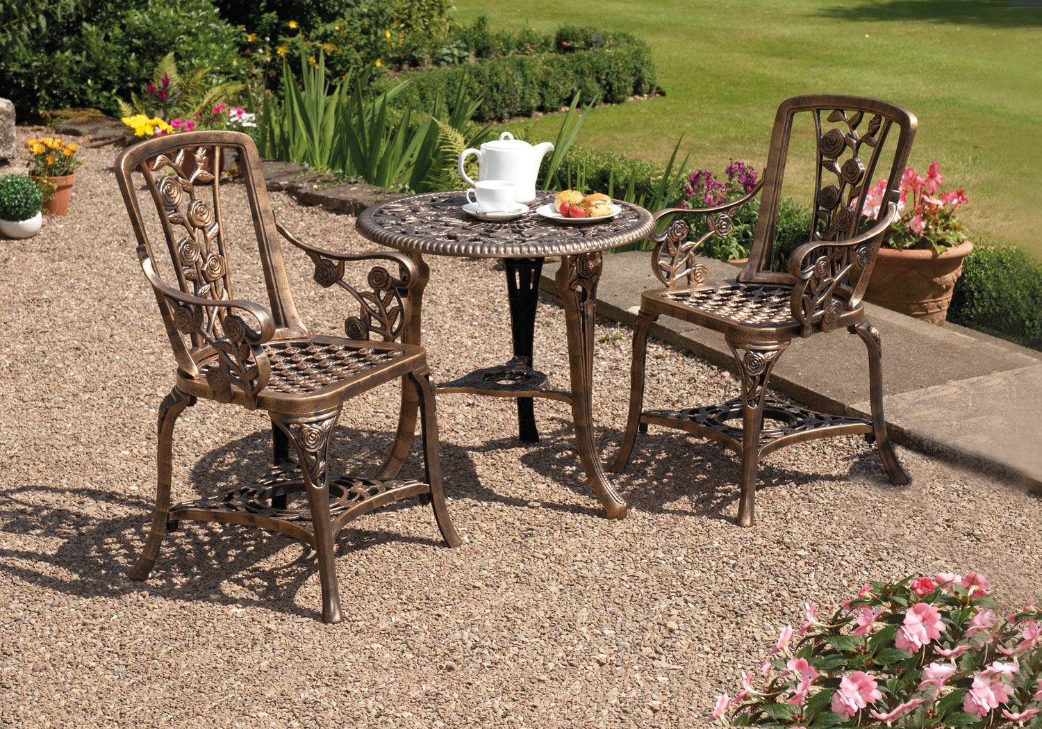 Rose Design Three Piece Bistro Set | Bronze
