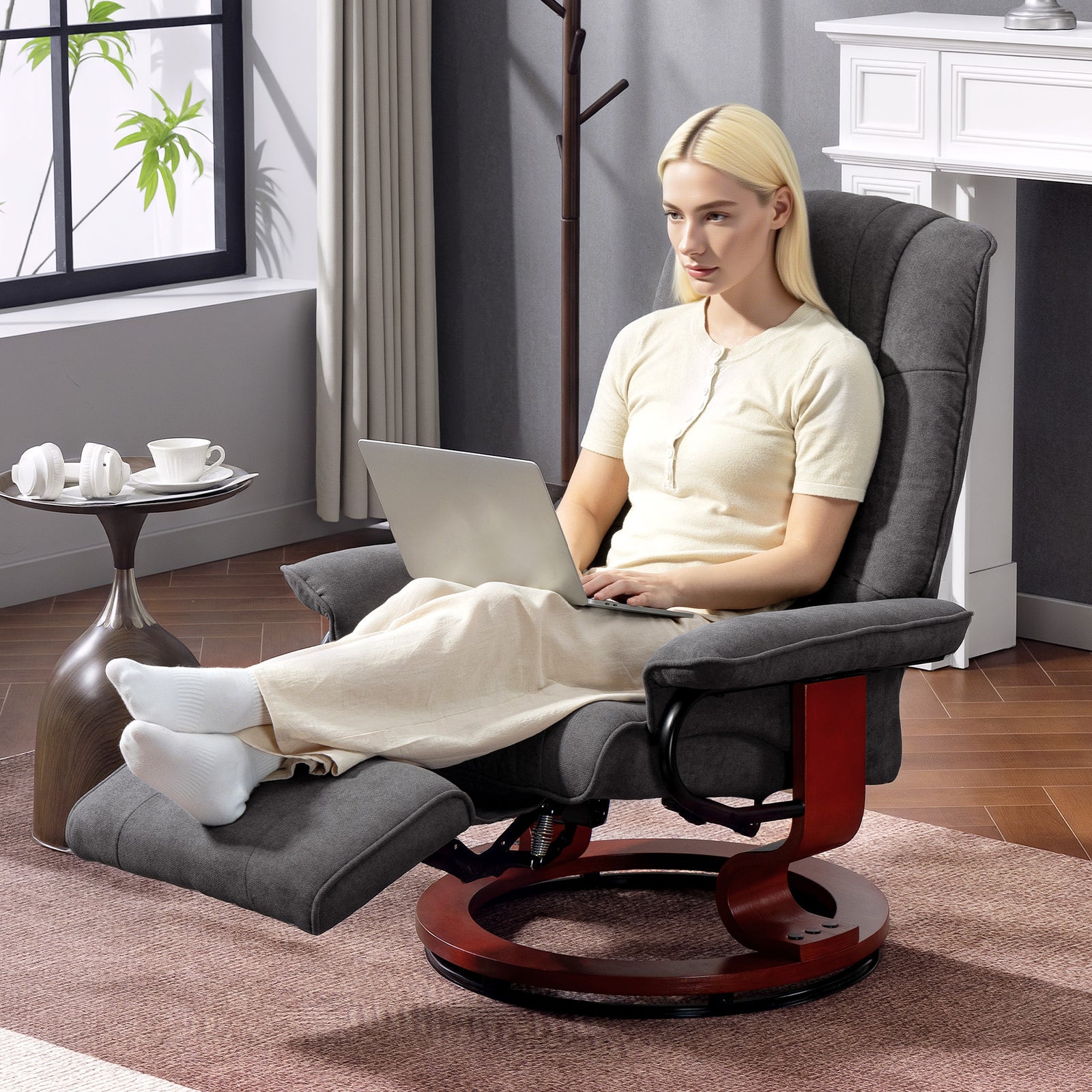 Manual Recliner Swivel Reclining Chair With Footrest Armrests | Grey