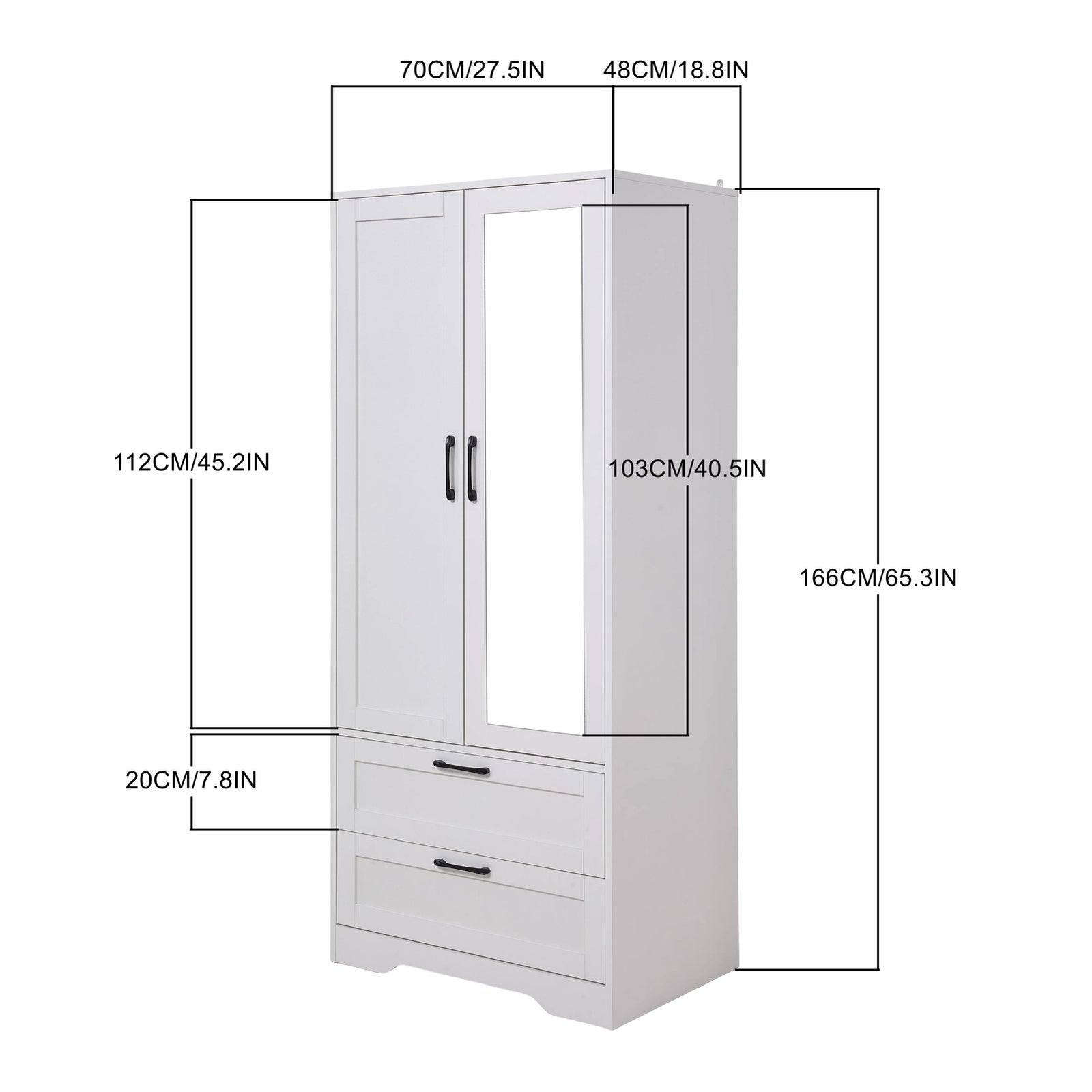 2-door Wardrobe With Drawers & Mirror | One Size | White