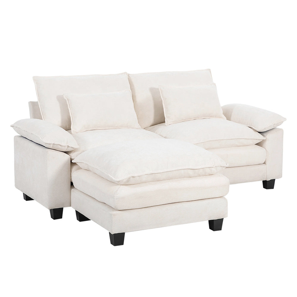 Chenille Sectional Sofa With Ottoman And Lumbar Pillows | White