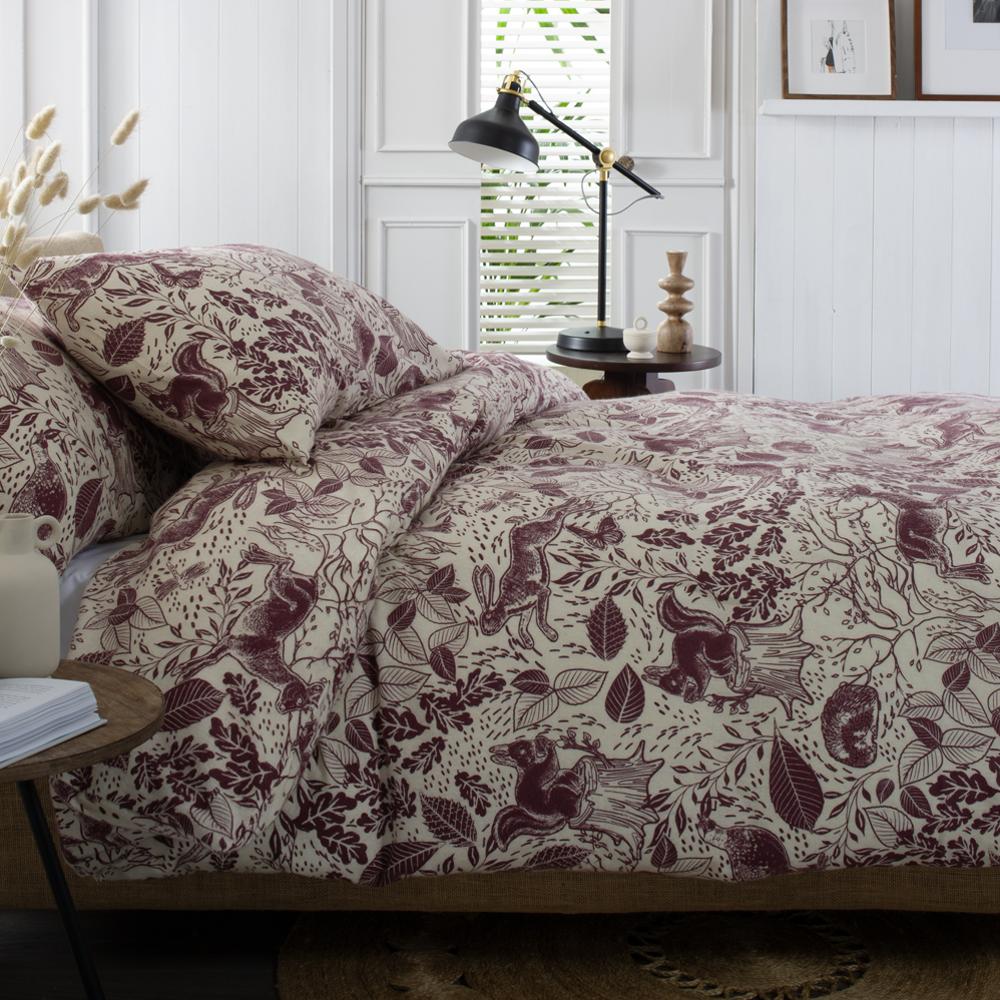 Hidden Forest Mulberry 100% Cotton Brushed Duvet Cover Set | King | Red