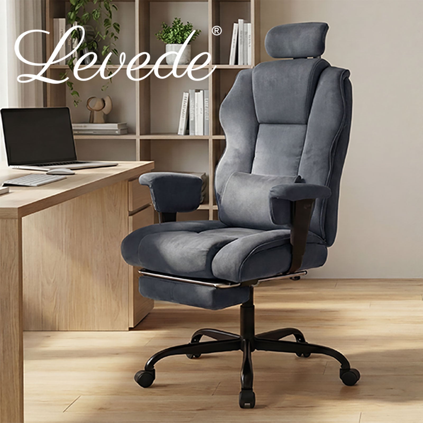 Ergonomic Office Chair Suede Fabric Wide Seat 155° Recline Footrest | Grey