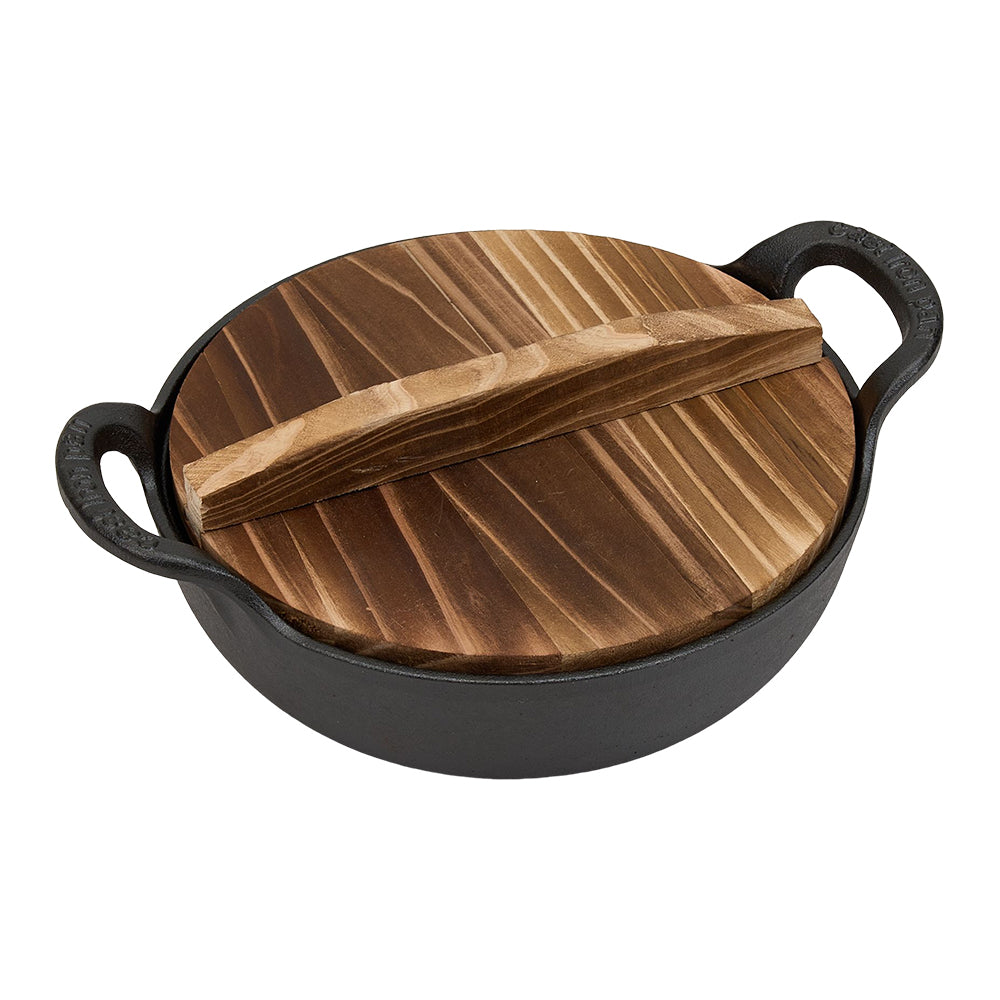 20cm/25cm Dia Cast Iron Wok With Dual Handles And Wooden Lid | Small
