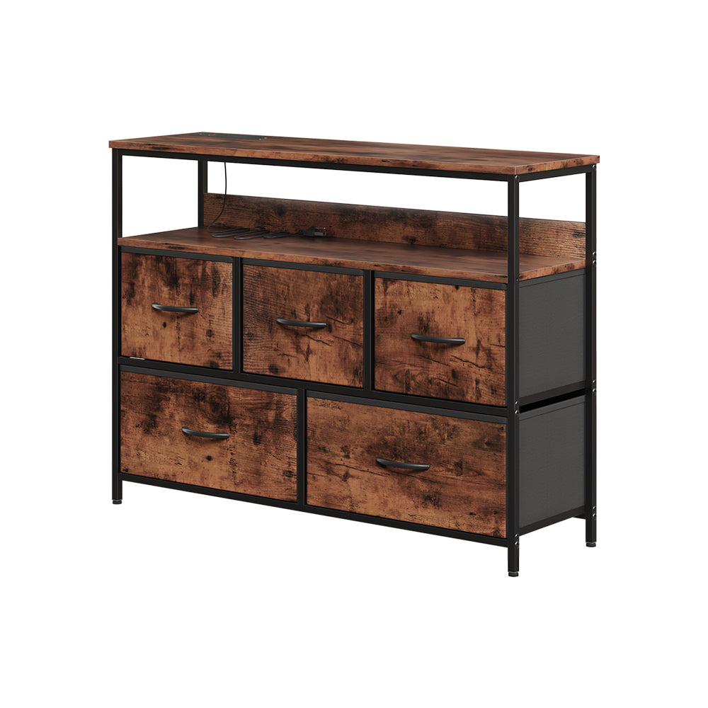 5-drawer Metal Frame Chest Of Drawers Storage Cabinet With Power Strip | Rustic Brown