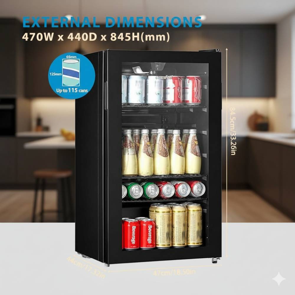 93L Compact Beverage Fridge with LED Display, Reversible Glass Door & Adjustable Shelves