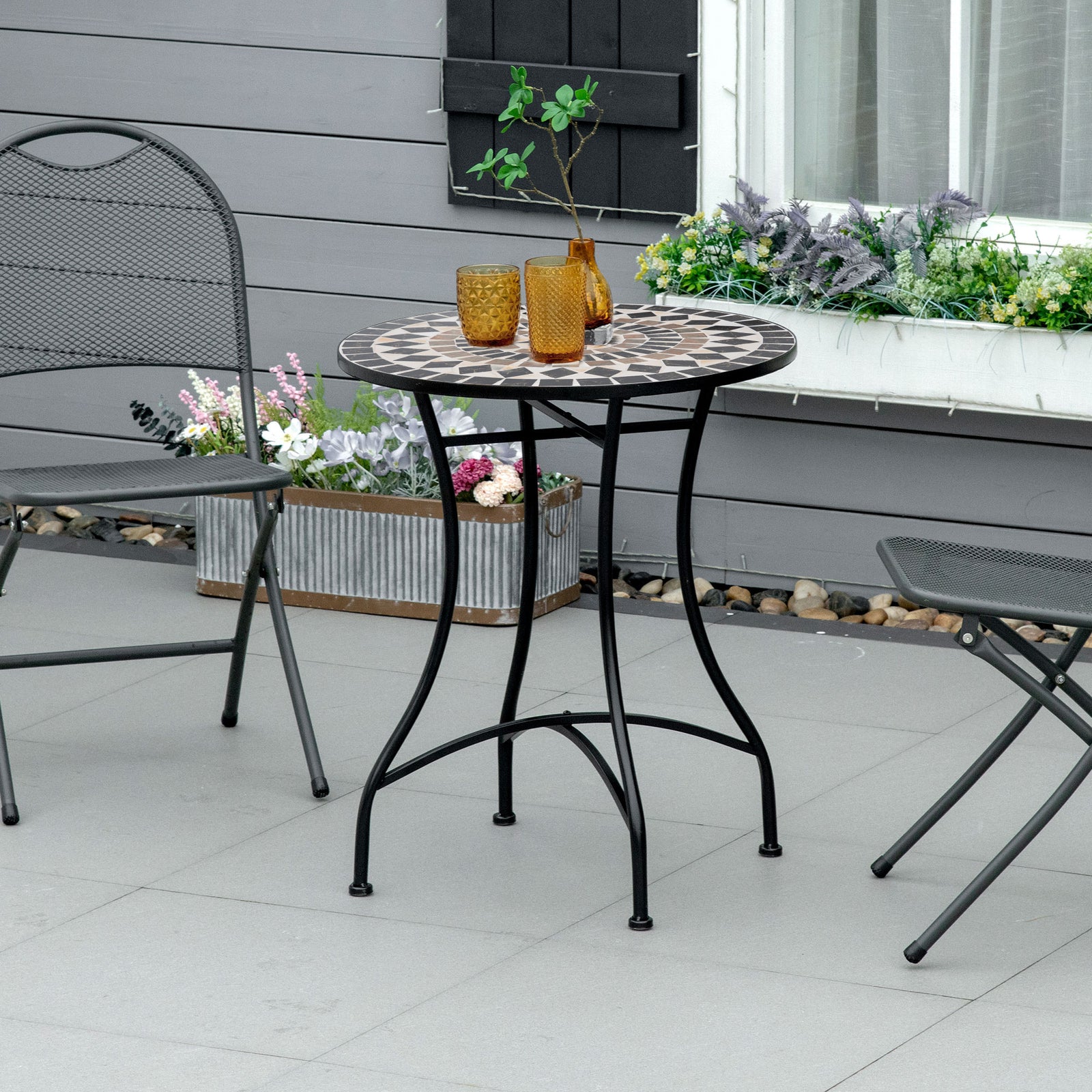 60cm Mosaic Round Bistro Table Outdoor Garden Side Table | Black