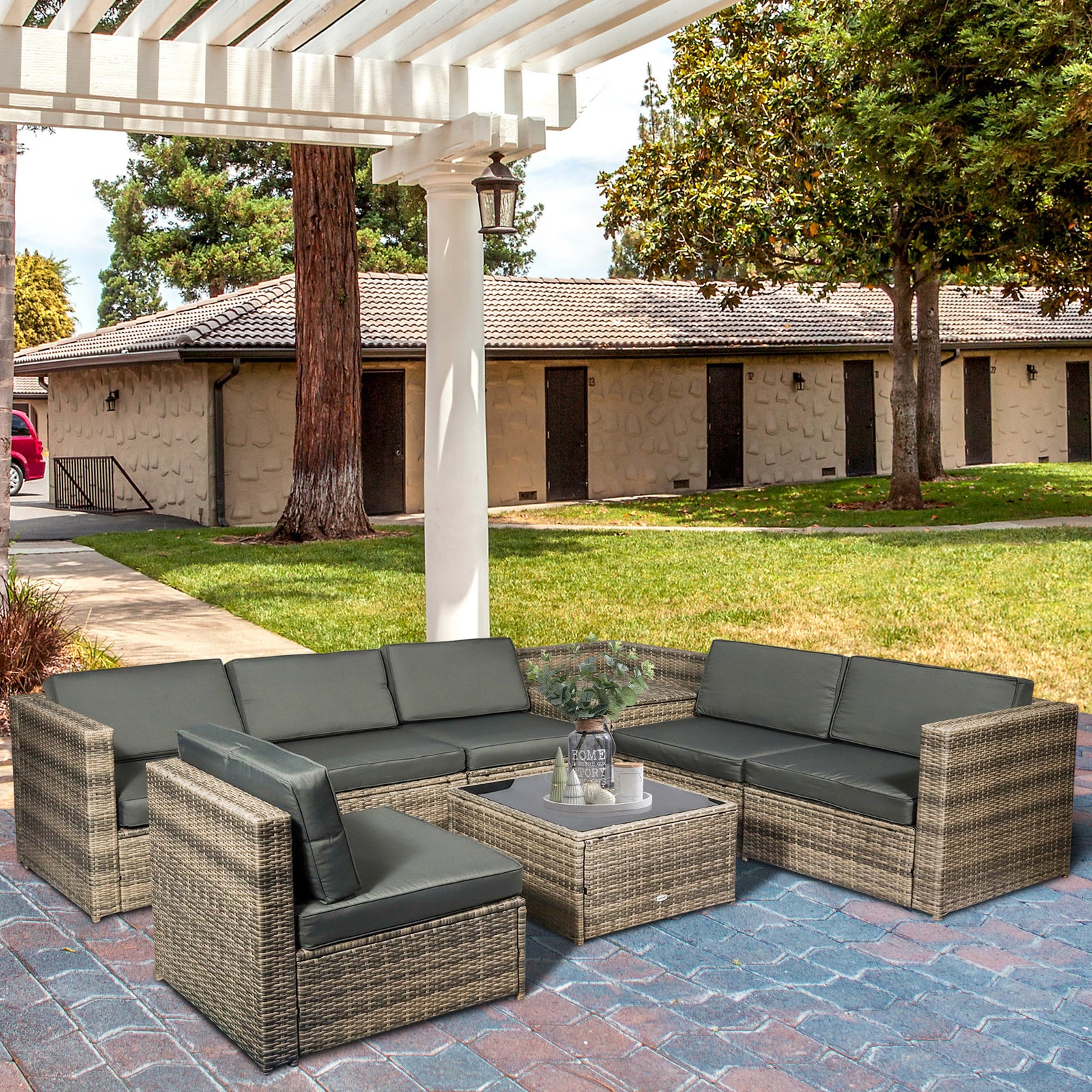 8pcs Patio Rattan Sofa Set Garden Furniture Side Table | Brown