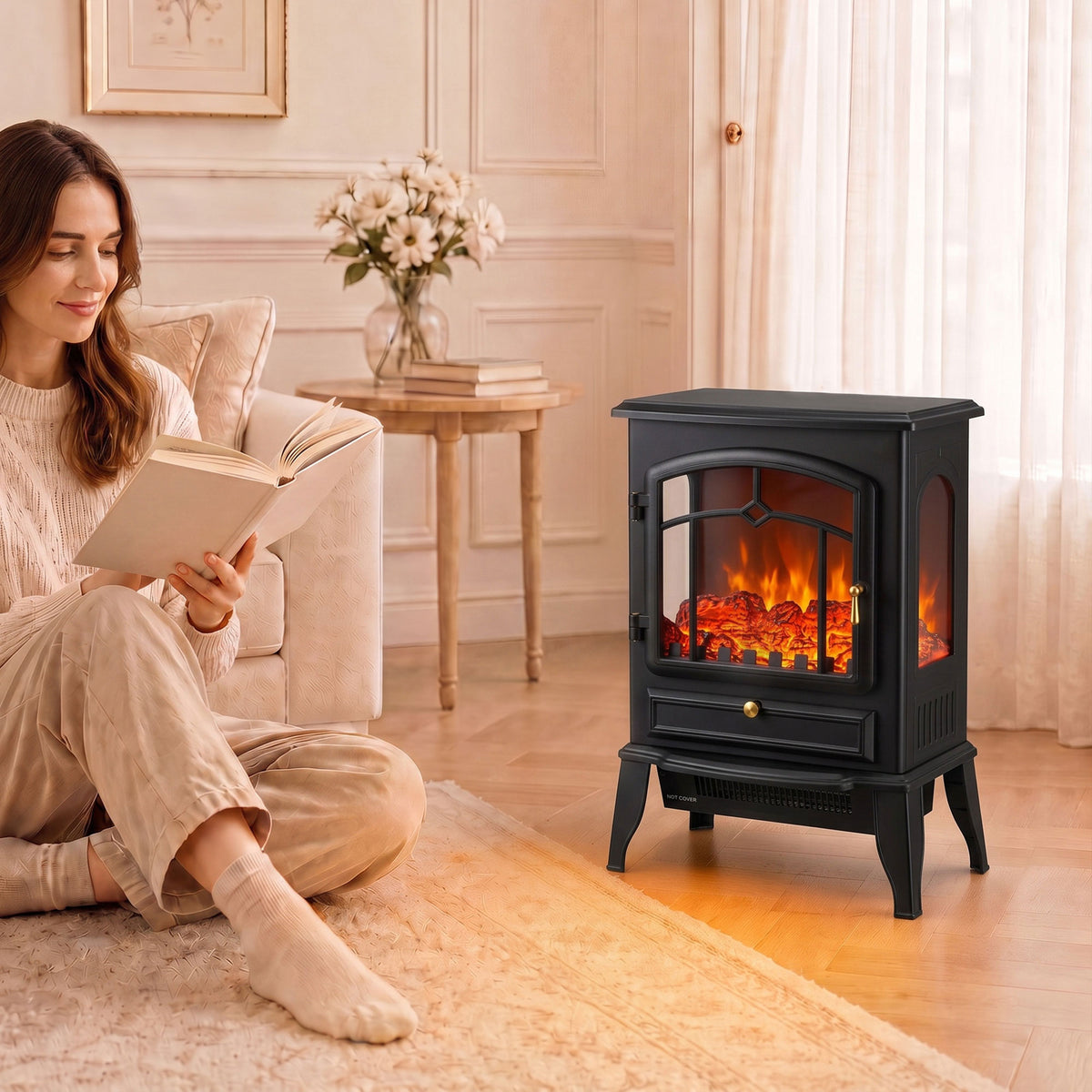 Electric Fireplace Stove With Realisric Log Flame Effect | Black