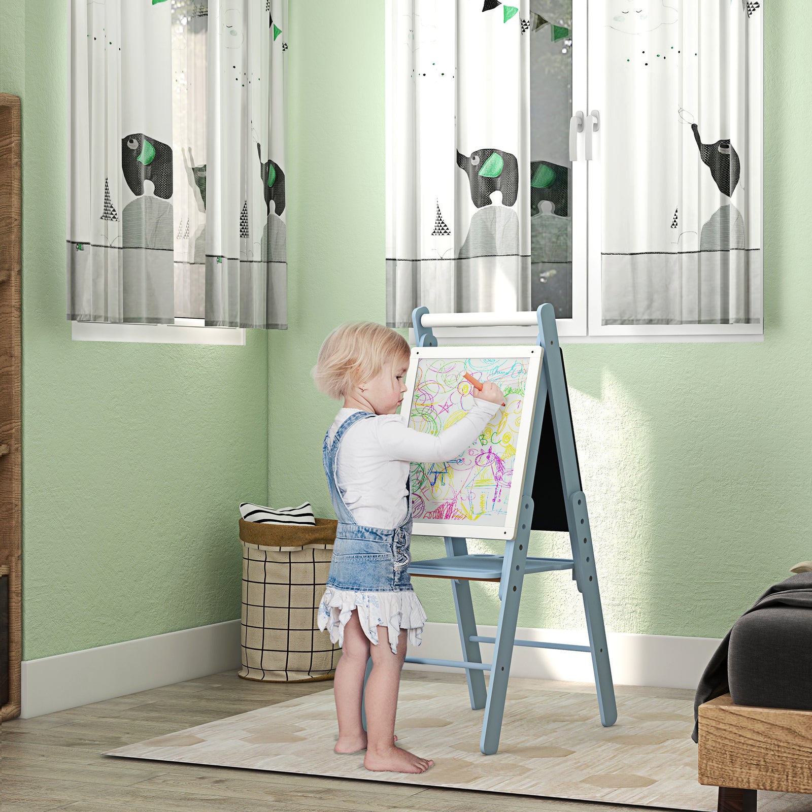 3 In 1 Easel For Kids, With Paper Roll, Adjustable Height | Blue