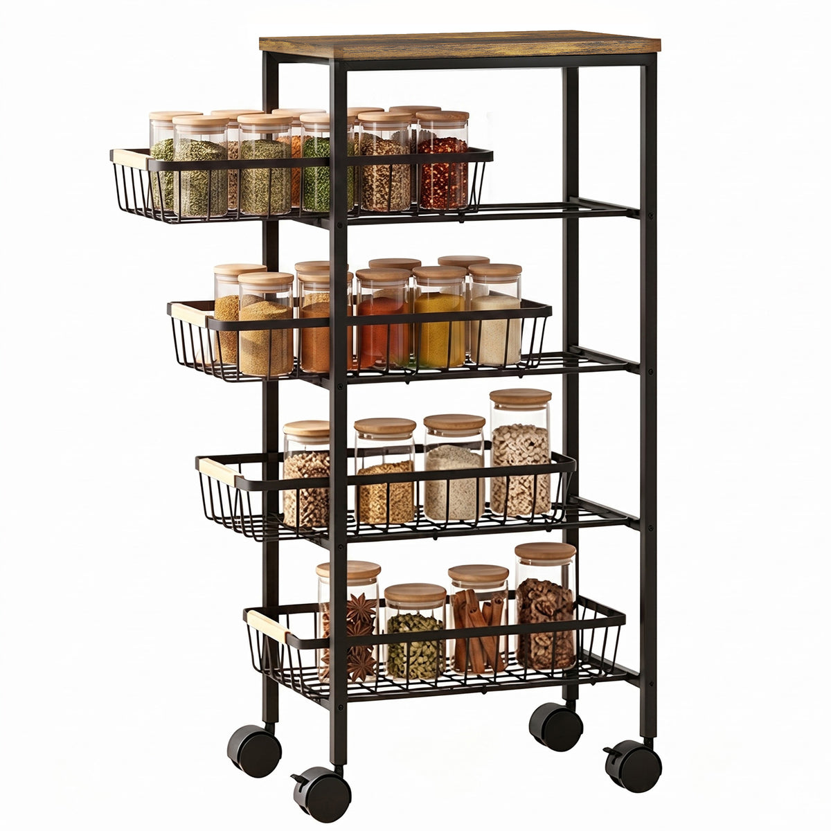 HOMCOM Metal Kitchen Trolley With Pull-out Baskets, Rustic Brown