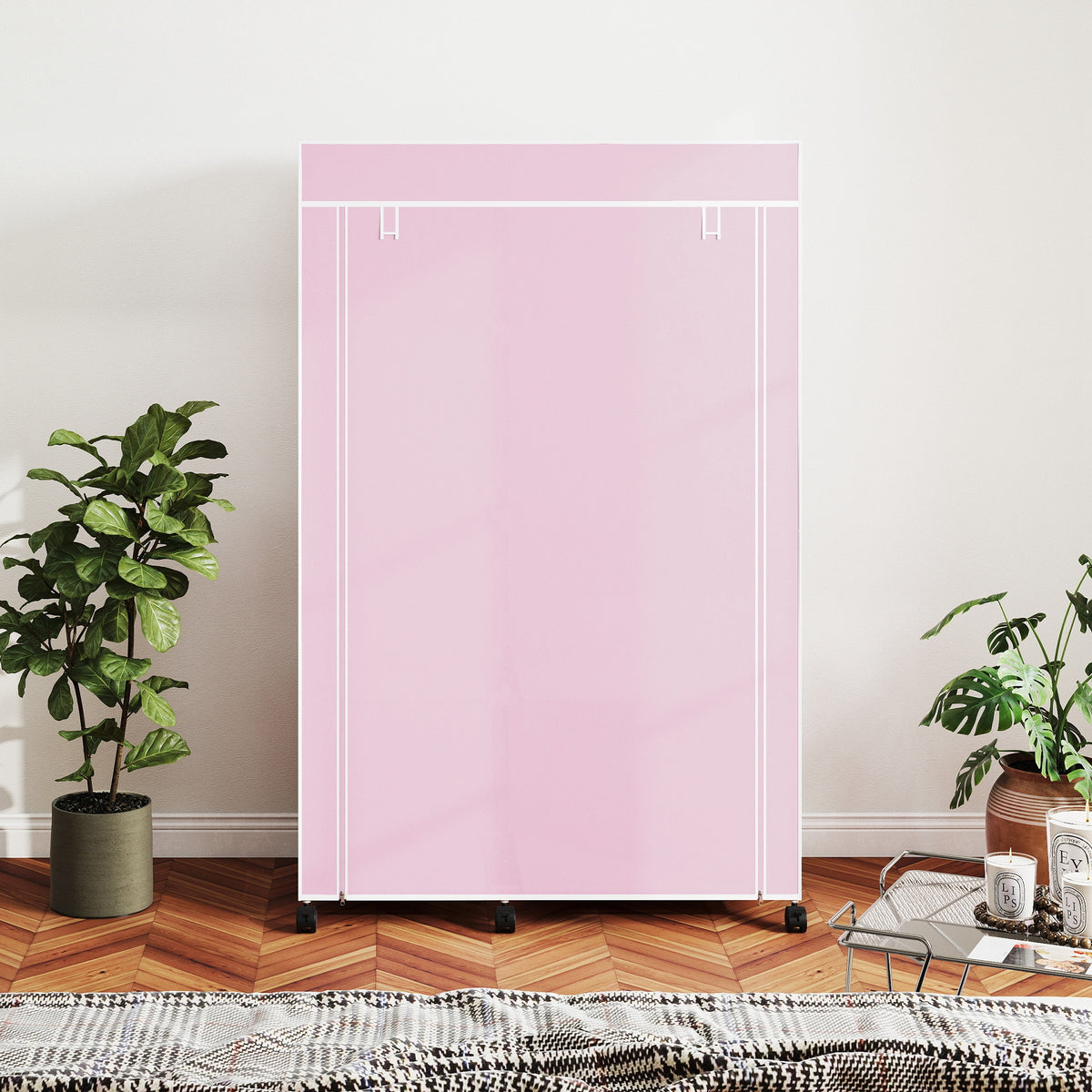 HOMCOM Fabric Wardrobe W/ Shelves Hanging Rail Foldable Wardrobes, Pink