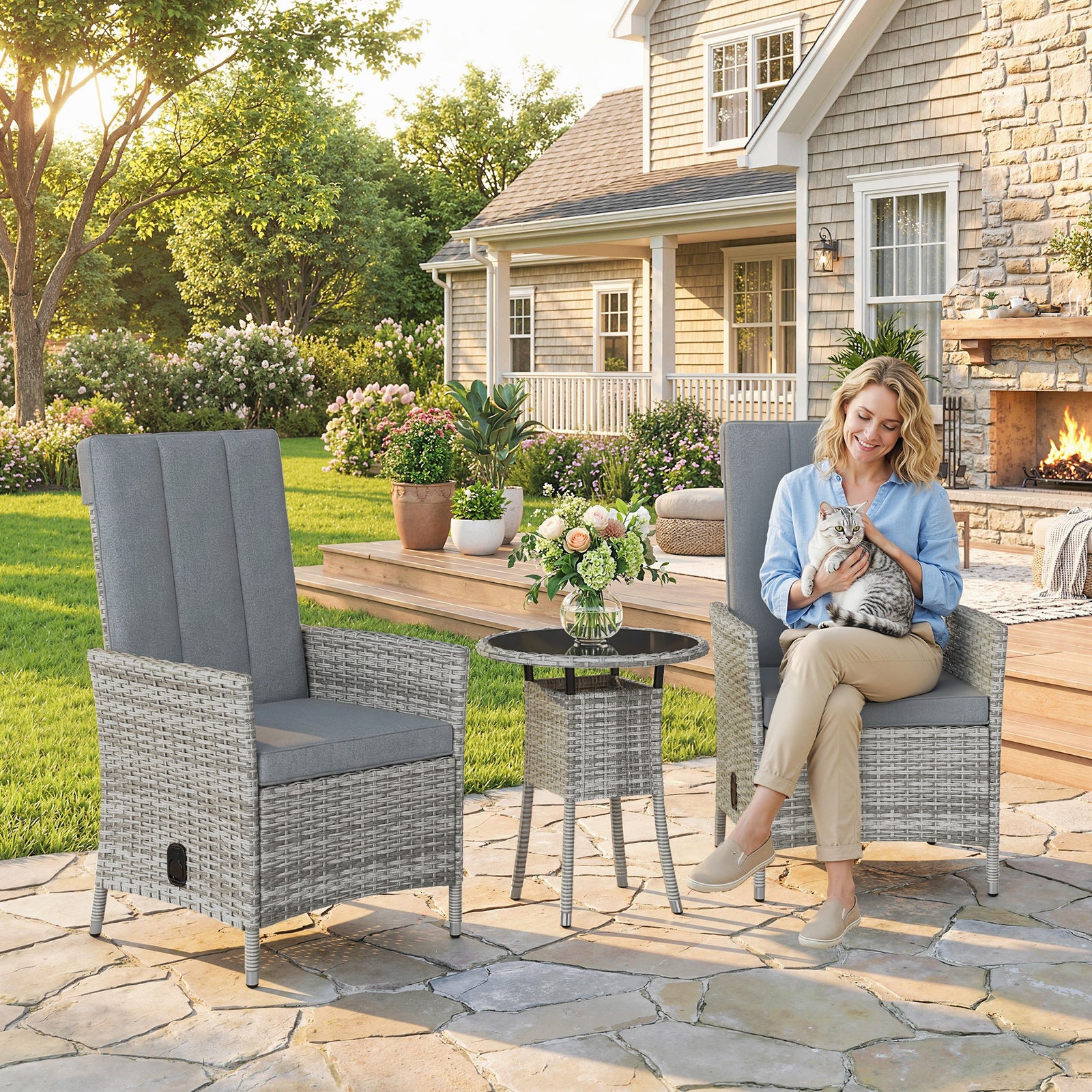 Rattan Bistro Set, Reclining Garden Chairs And Table | Light Grey