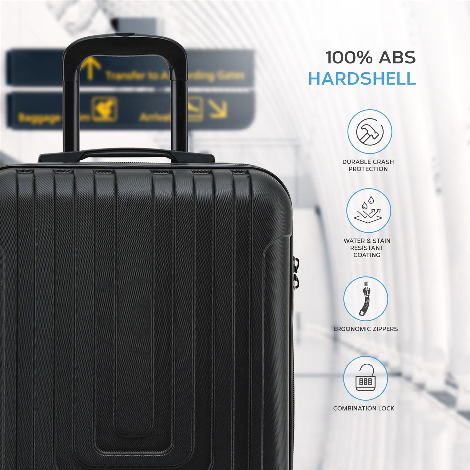 55x40x20cm Lightweight Luggage Overhead Cabin Hard Shell Cabin Suitcase 60+ Airlines Approved - Carry On Case - 4 Wheels | Cabin | Black