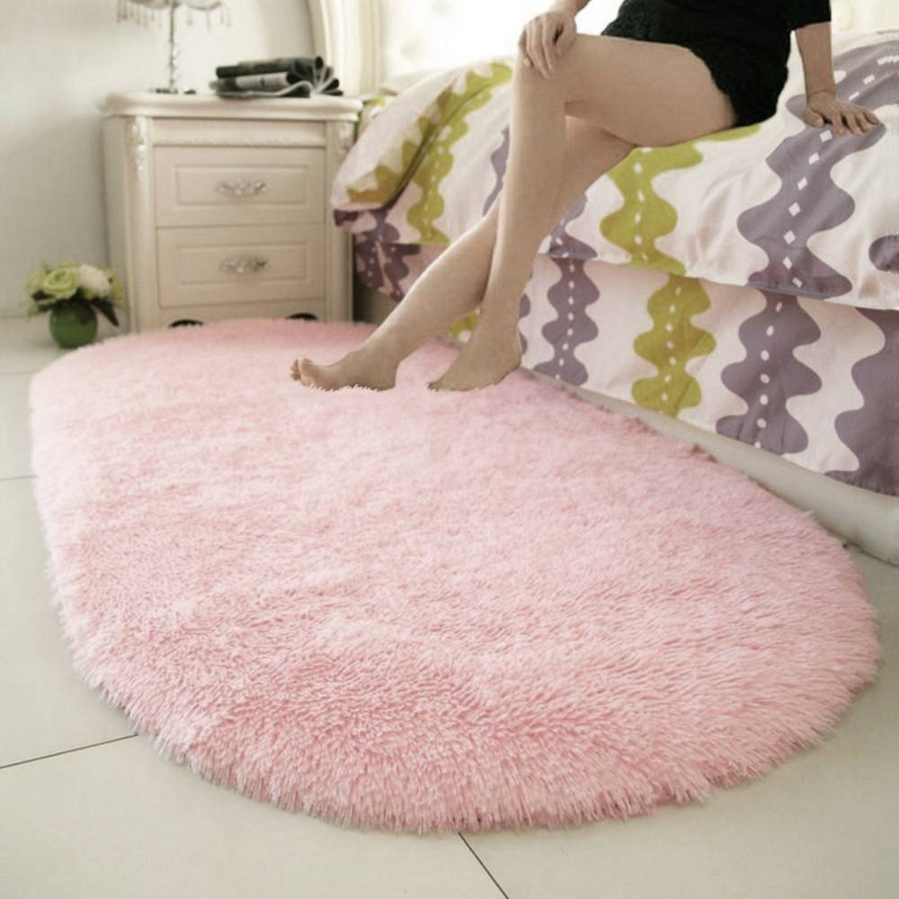 Oval Fluffy Shaggy Area Rug Super Soft Plush Carpet For Bedroom | Small | Pink