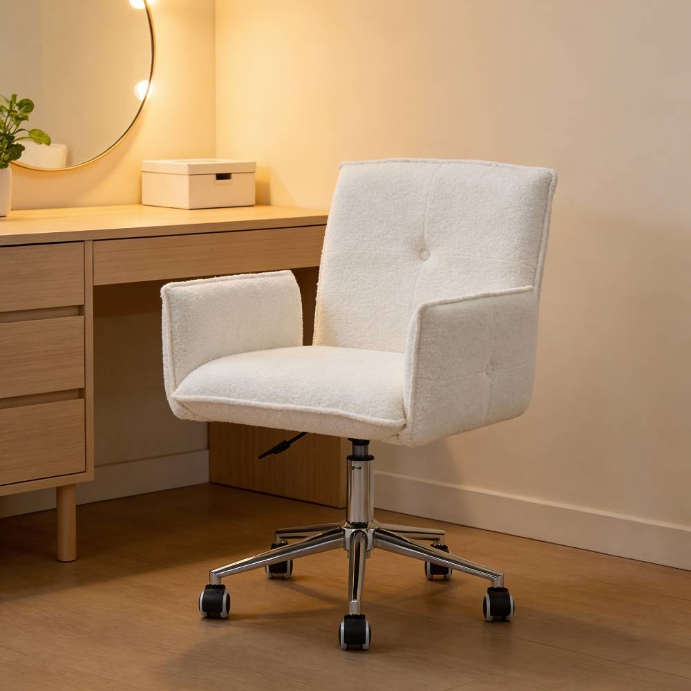 Beige Teddy Fleece Office Chair With 360° Swivel, Adjustable Height Gas Lift