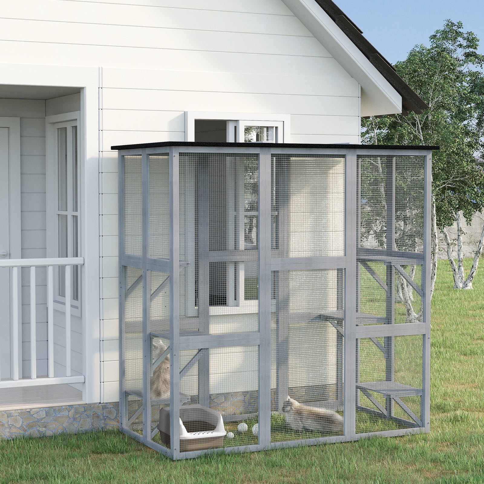 Wooden Cat House With Platforms, Cat Cage For Multiple Kittens | Light Grey