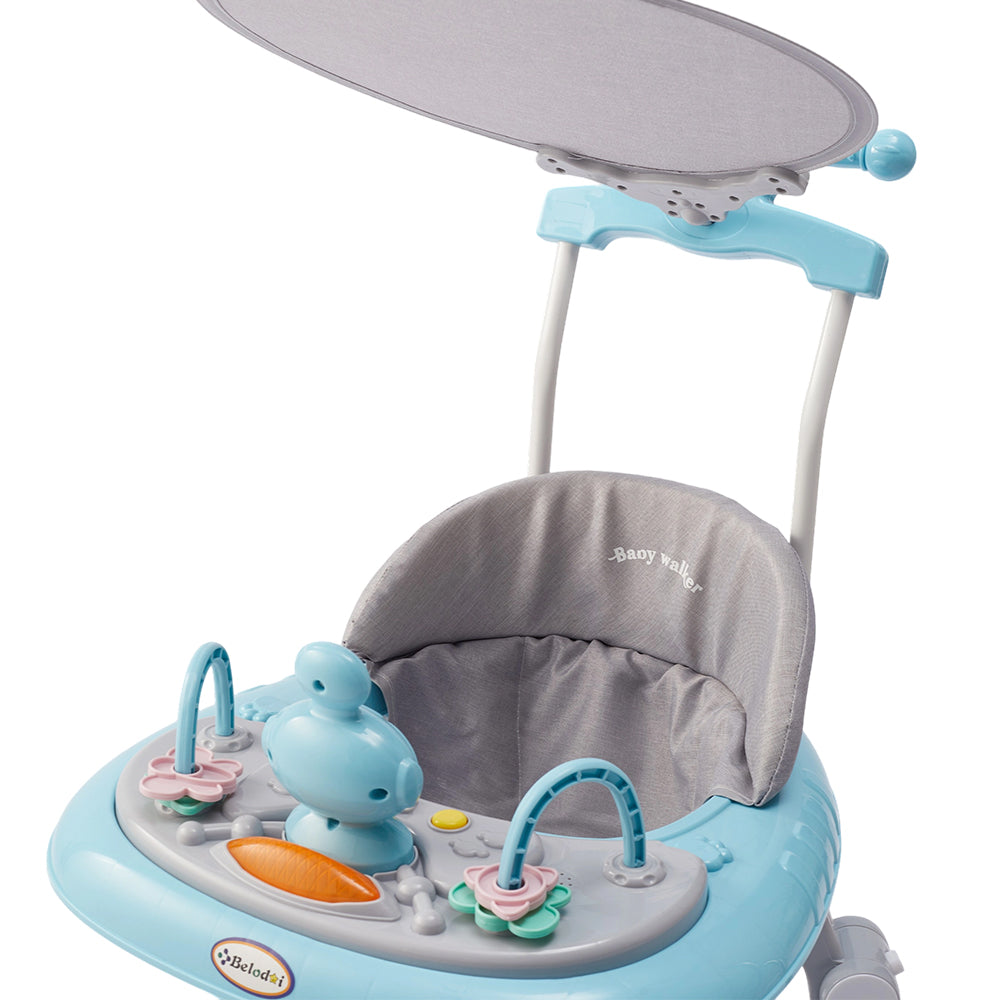 Adjustable Baby Walker With Sunshade, Foldable Walker, Multifunctional Baby Walker, Feeding Tray, Interactive Music, Toys, Wheel Safety Breaks, | Blue