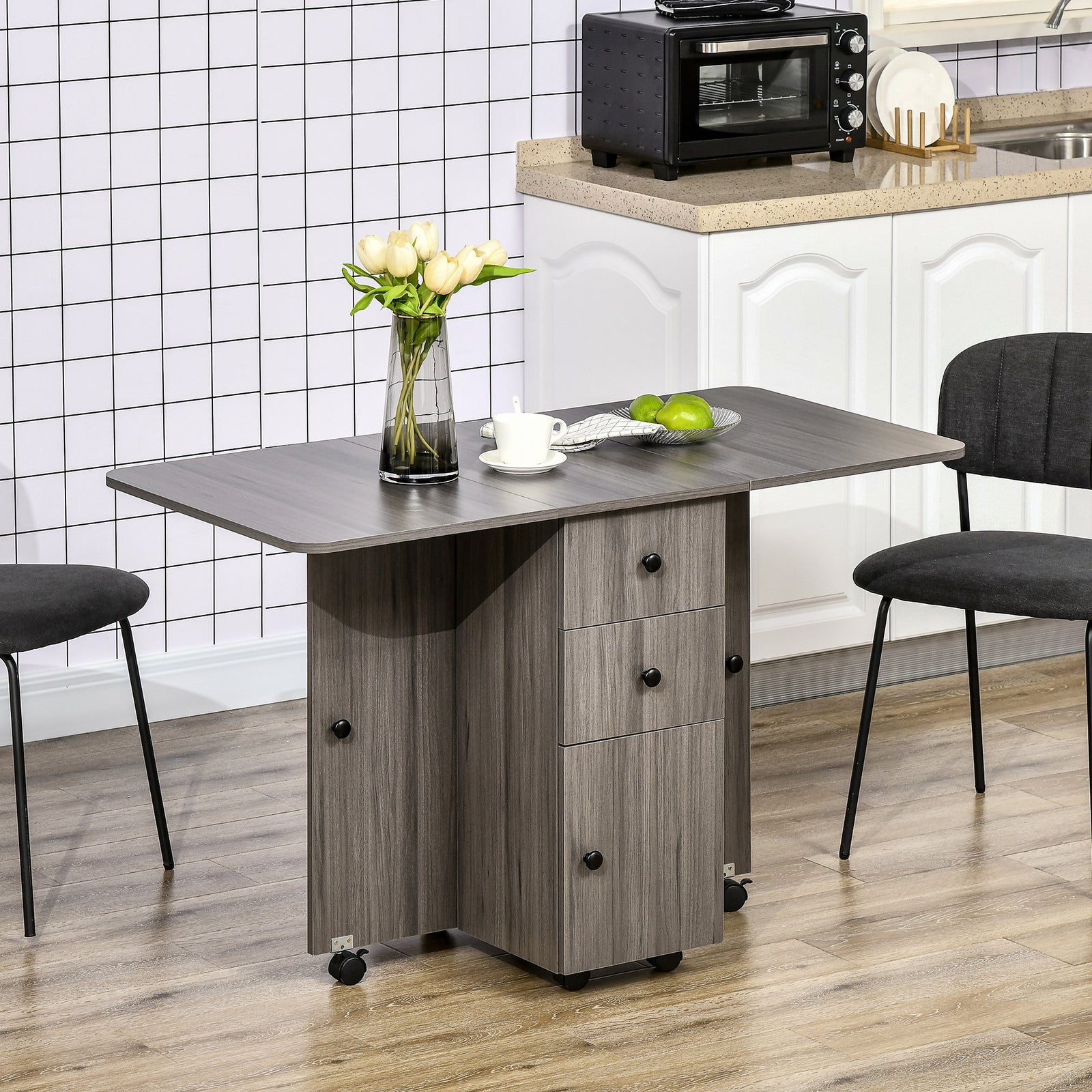 Folding Dining Table, Drop Leaf Table With Storage Drawers