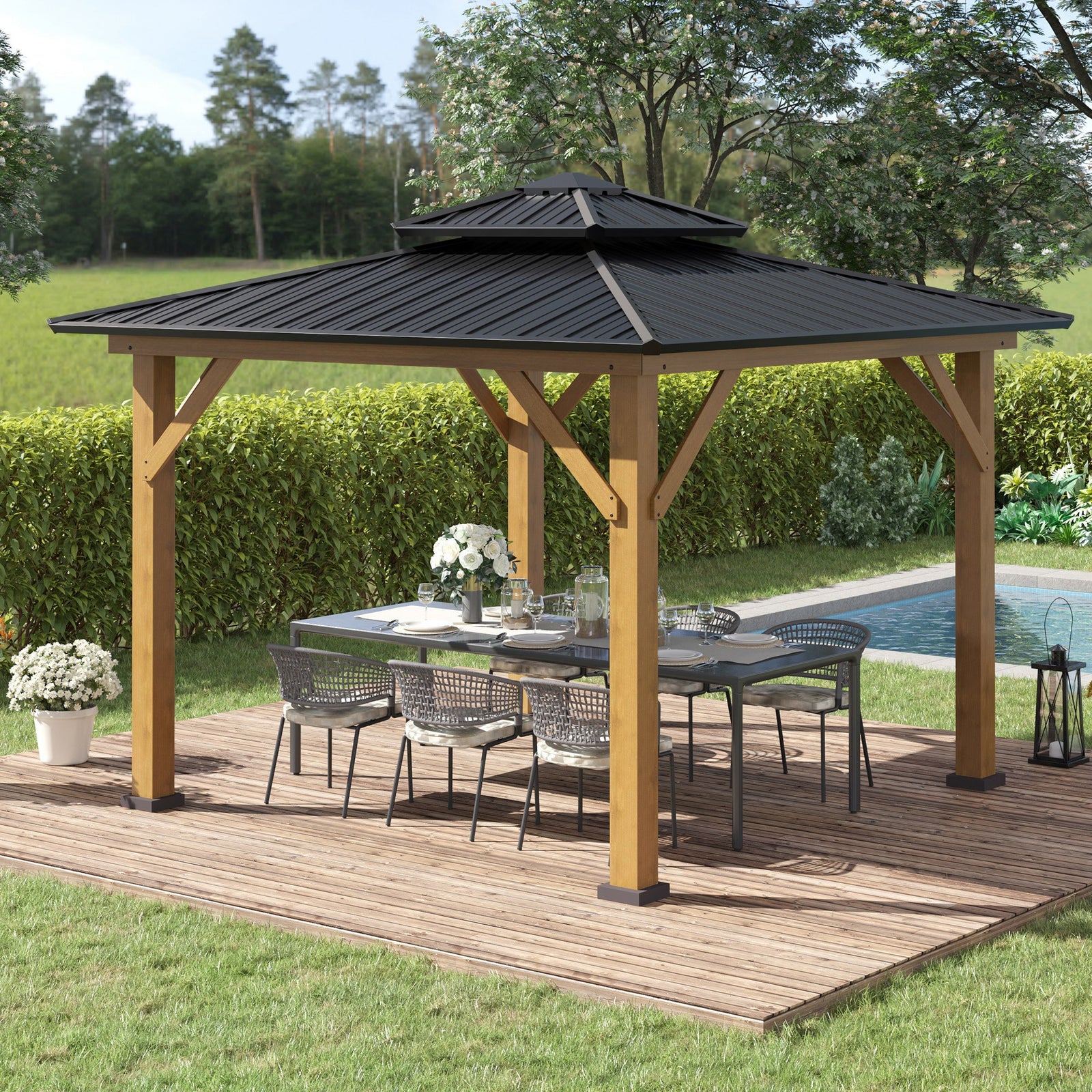 3.5 X 3.5m Wood Frame Hardtop Gazebo W/ Double Vented Roof