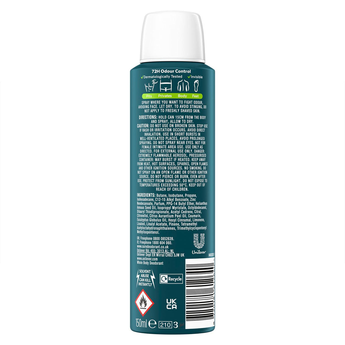 Men Whole Body Deodorant Spray Active Fresh W/ 72h Odour Control 150ml, 6pk | Set of 6