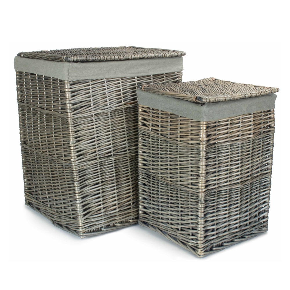 Antique Wash Square Laundry Basket With Grey Sage Lining | Set-of-2
