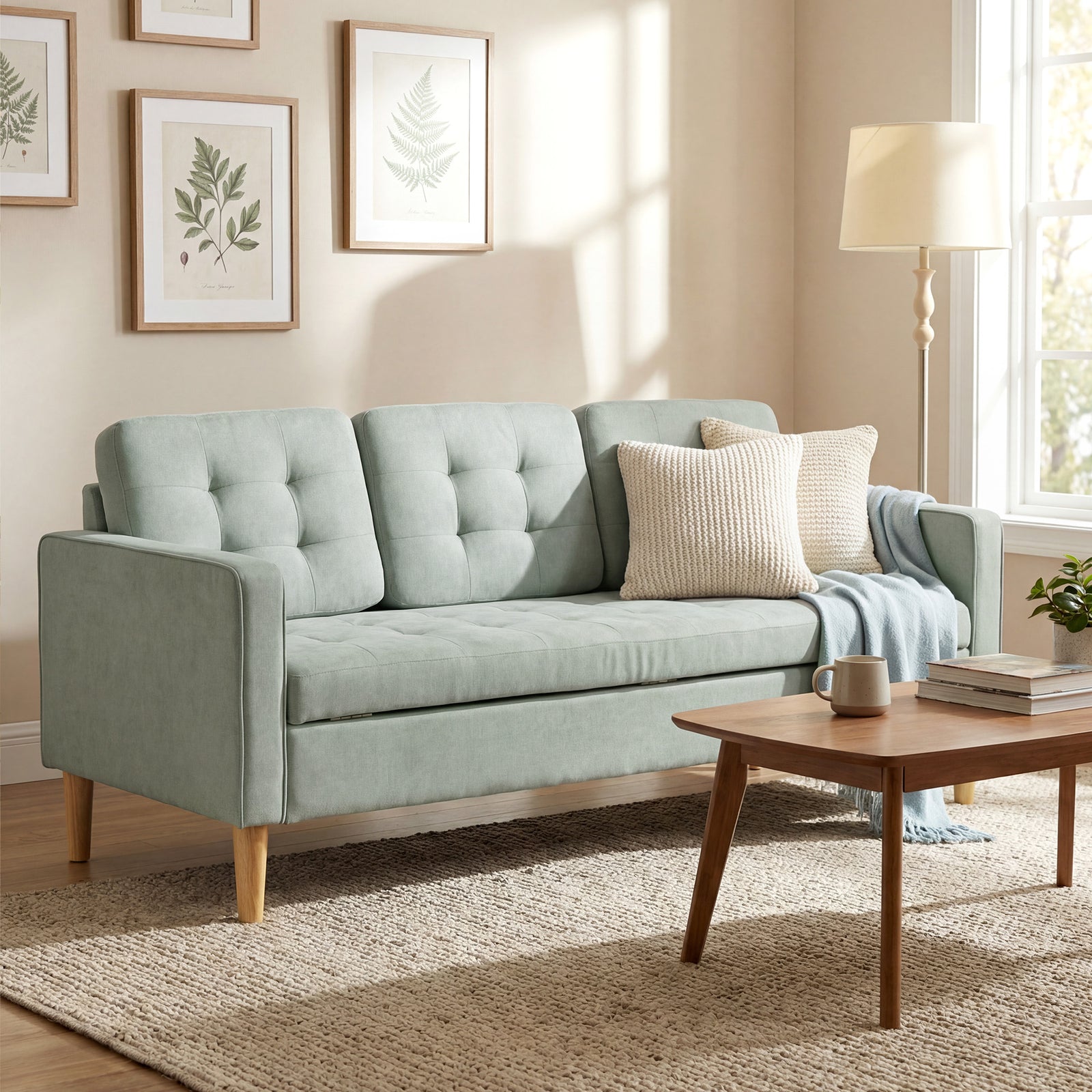 Modern 3 Seater Sofa With Hidden Storage And Rubber Wood Legs | Light Grey