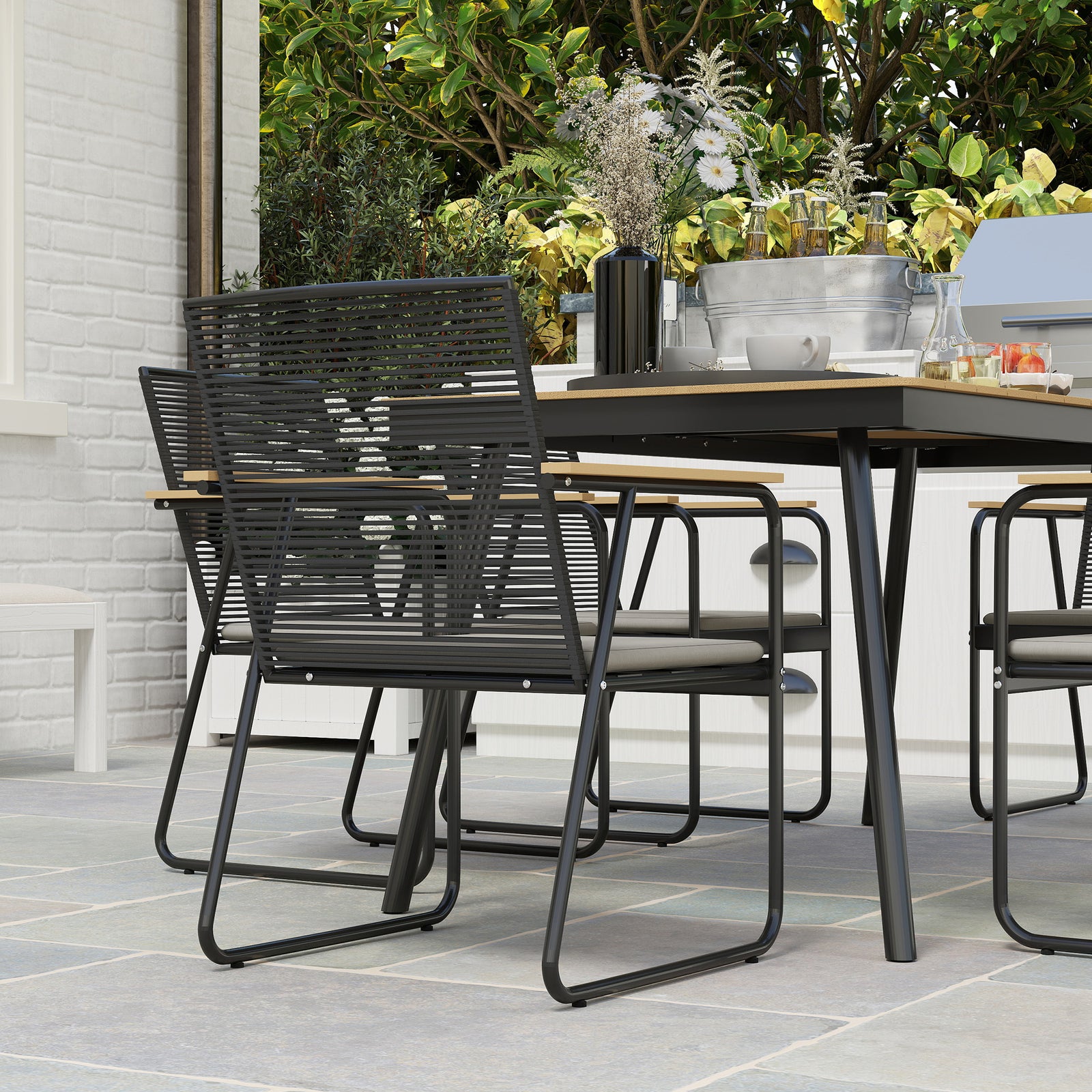 6 Seater Garden Dining Set With Cushions Rattan Backrest | Natural