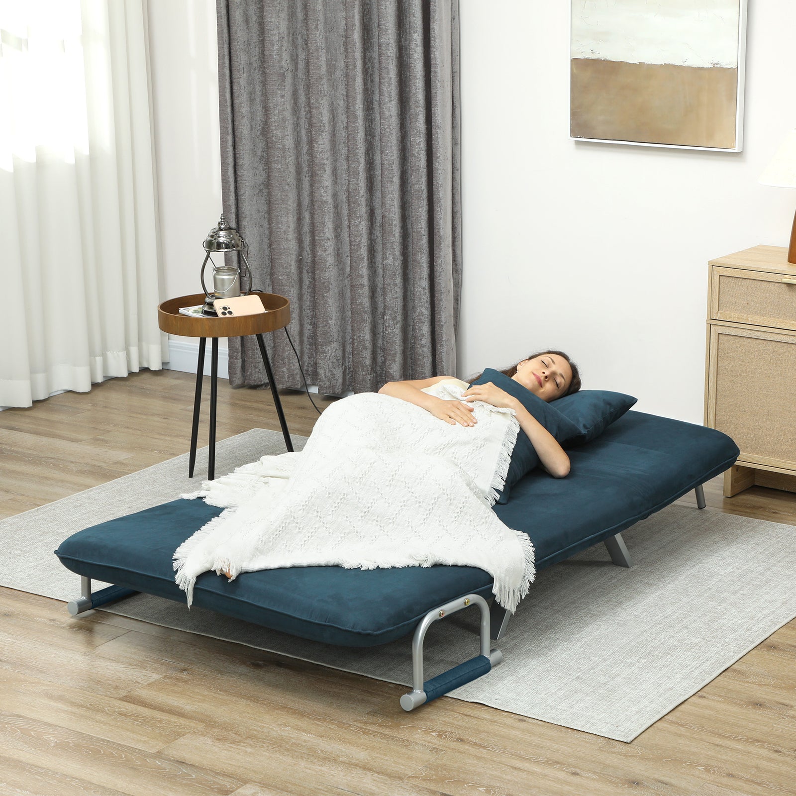 Fabric Convertible 2 Seater Sofa Bed W/ 2 Pillows | Navy Blue