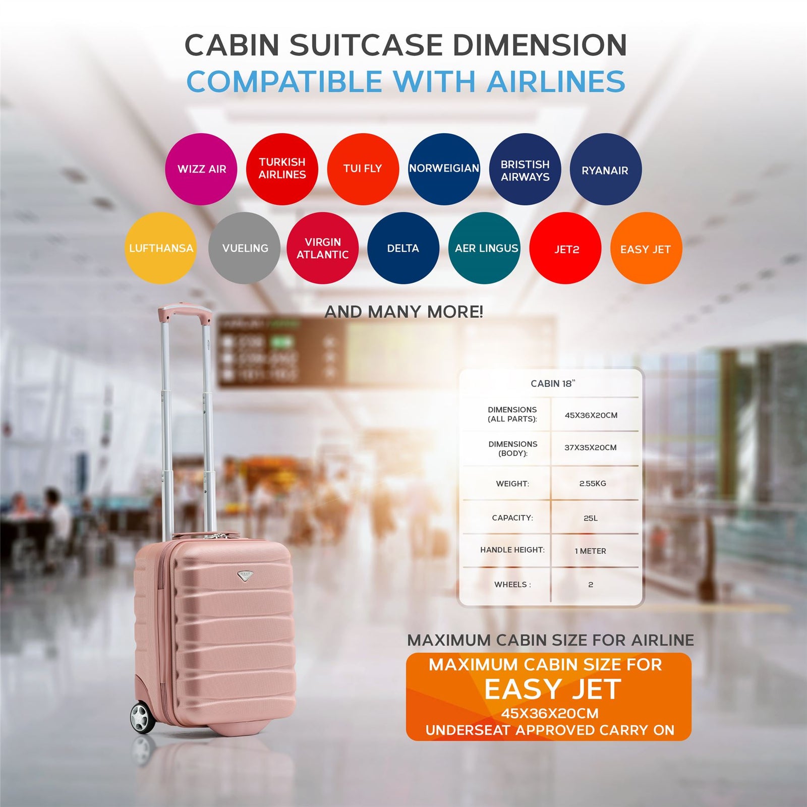 45x36x20cm Easyjet Free Cabin Bag 2 Wheel Suitcase Hard Shell Carry On | Cabin | Rose
