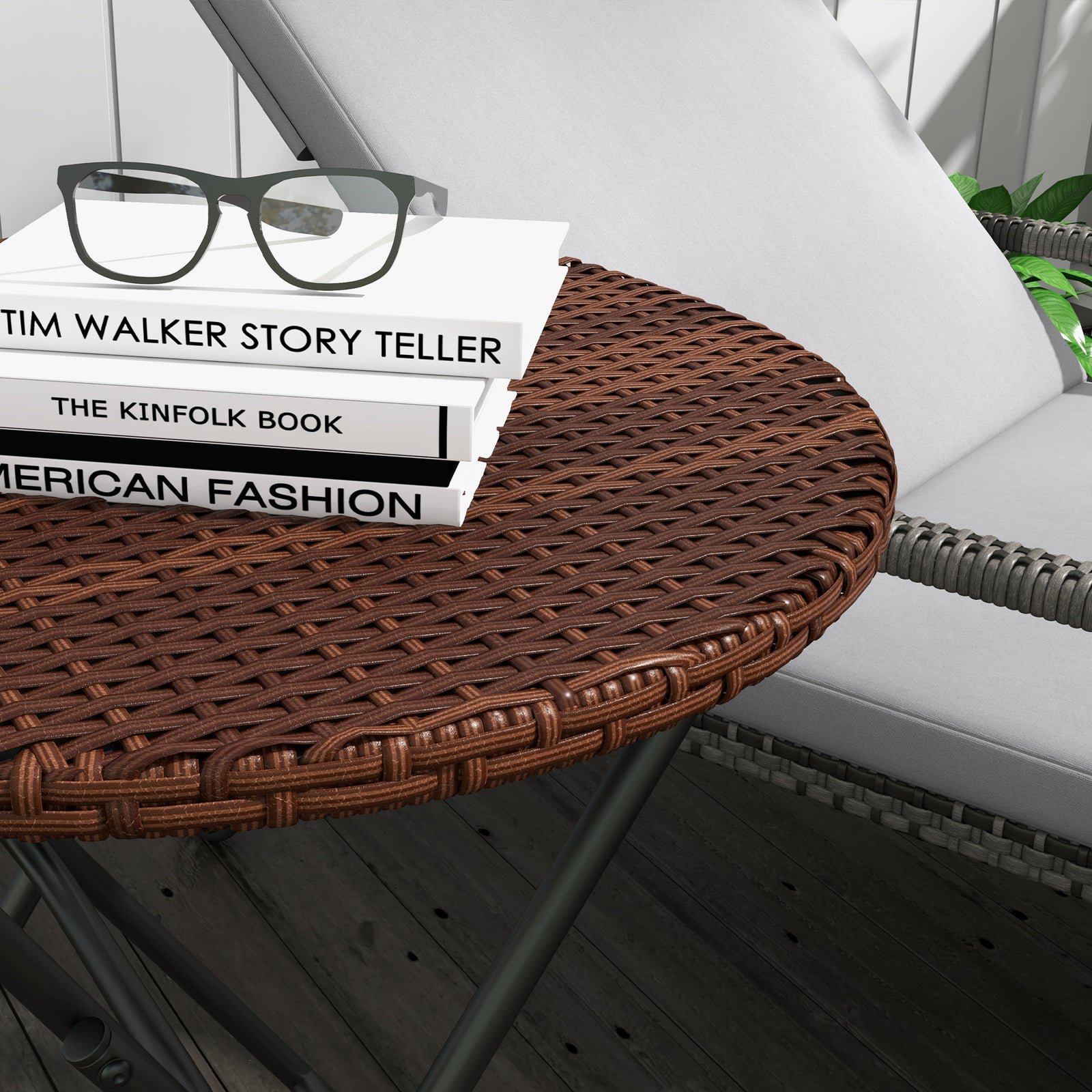 Foldable Rattan Coffee Table, Metal Frame, Mixed Brown