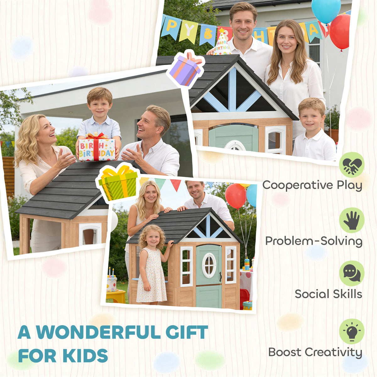 AIYAPLAY Playhouse For Kids, Wooden Wendy House With Pet Door, Play Kitchen