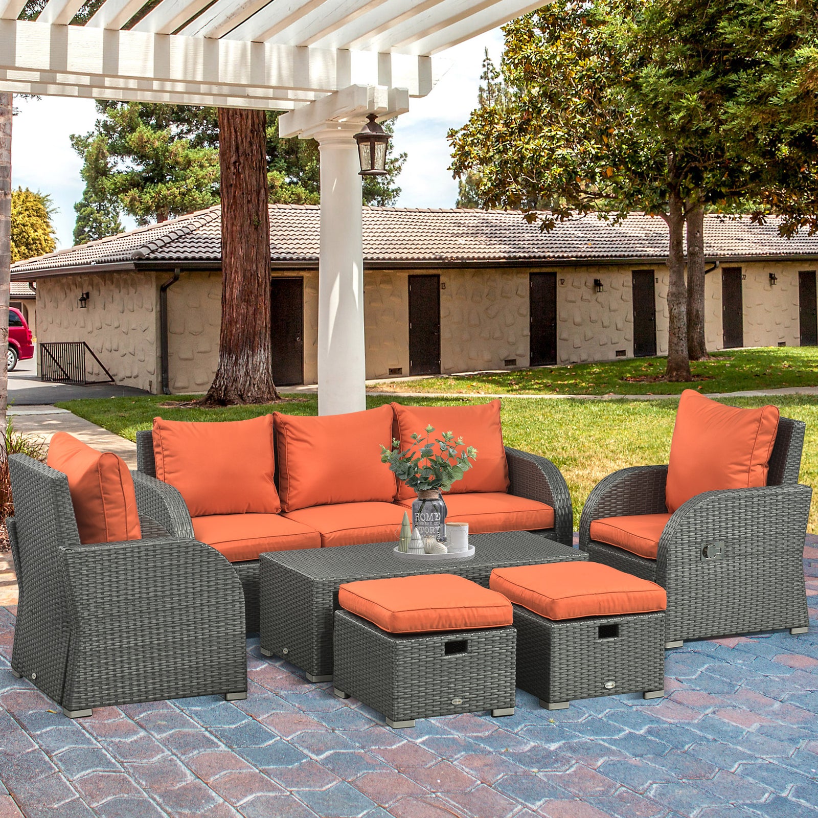 Cushioned Rattan Wicker Sofa, Recliner, Footstool, Table Set | Orange