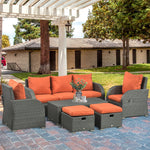 Cushioned Rattan Wicker Sofa, Recliner, Footstool, Table Set | Orange
