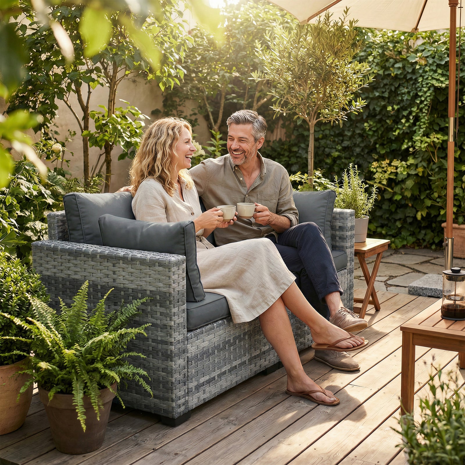 2 Seater Rattan Garden Sofa With Deep Seat, Wide Arms | Mixed Grey