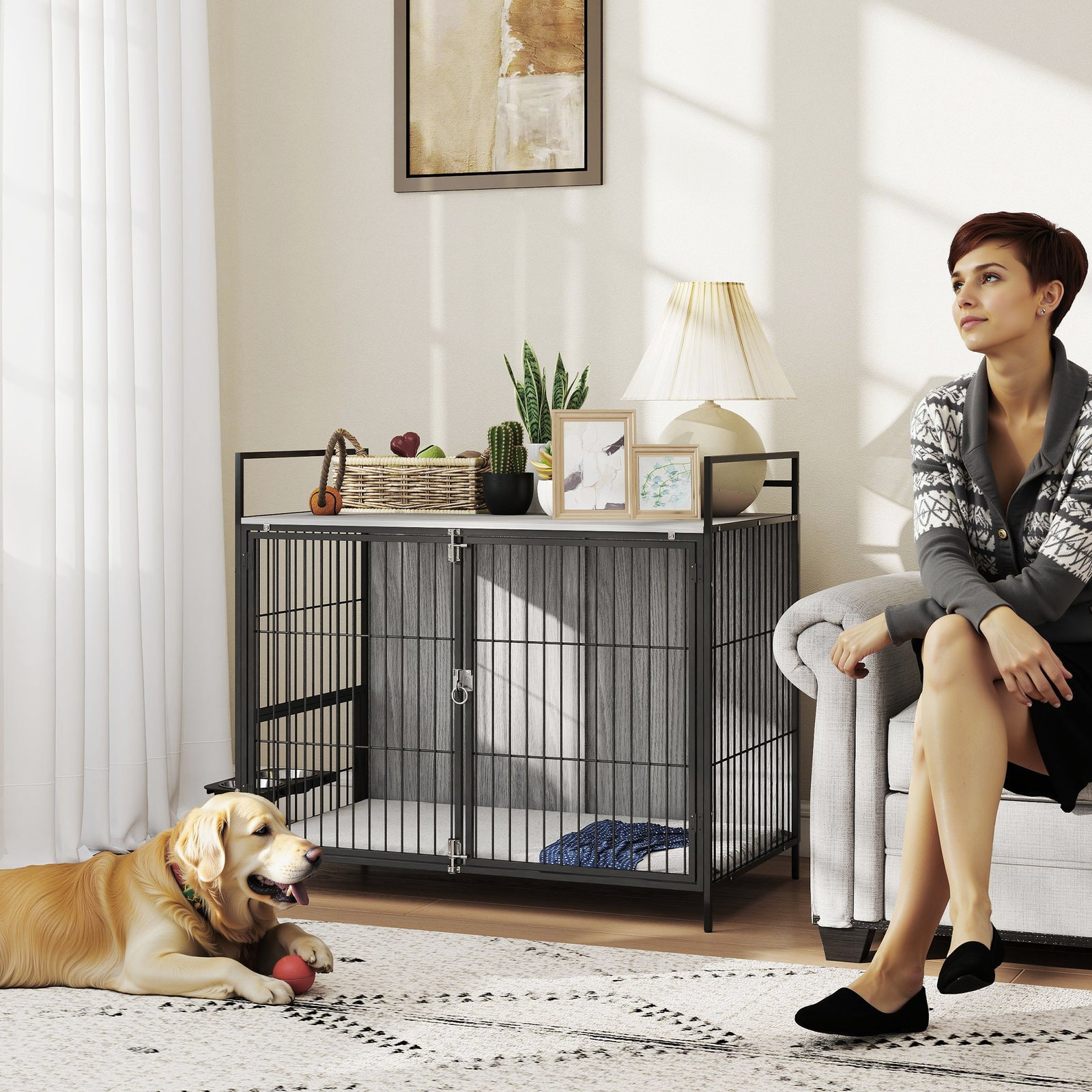 Pawhut Dog Crate Furniture With Rotating Bowl Holder For Large Dogs, Grey