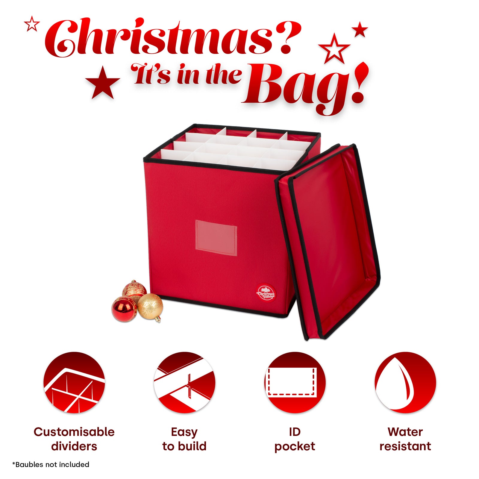 Collapsible Red 64 Bauble Storage Bag With Zipped Lid & Handles