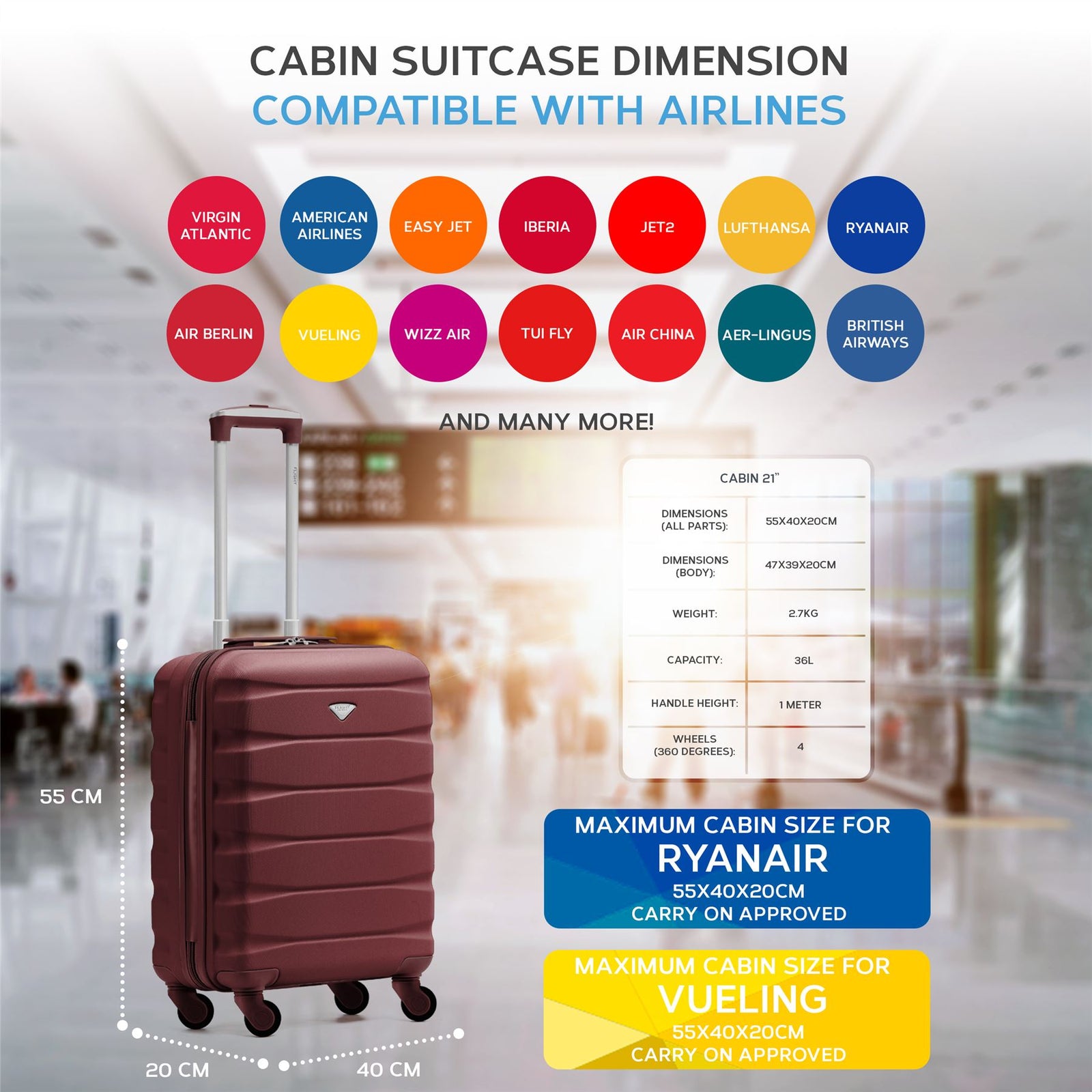 55x40x20cm Lightweight Luggage Hard Shell Cabin Suitcase 60+ Airlines Approved - Carry On Case - 4 Wheels | 55 x 40 x 20cm | Burgundy