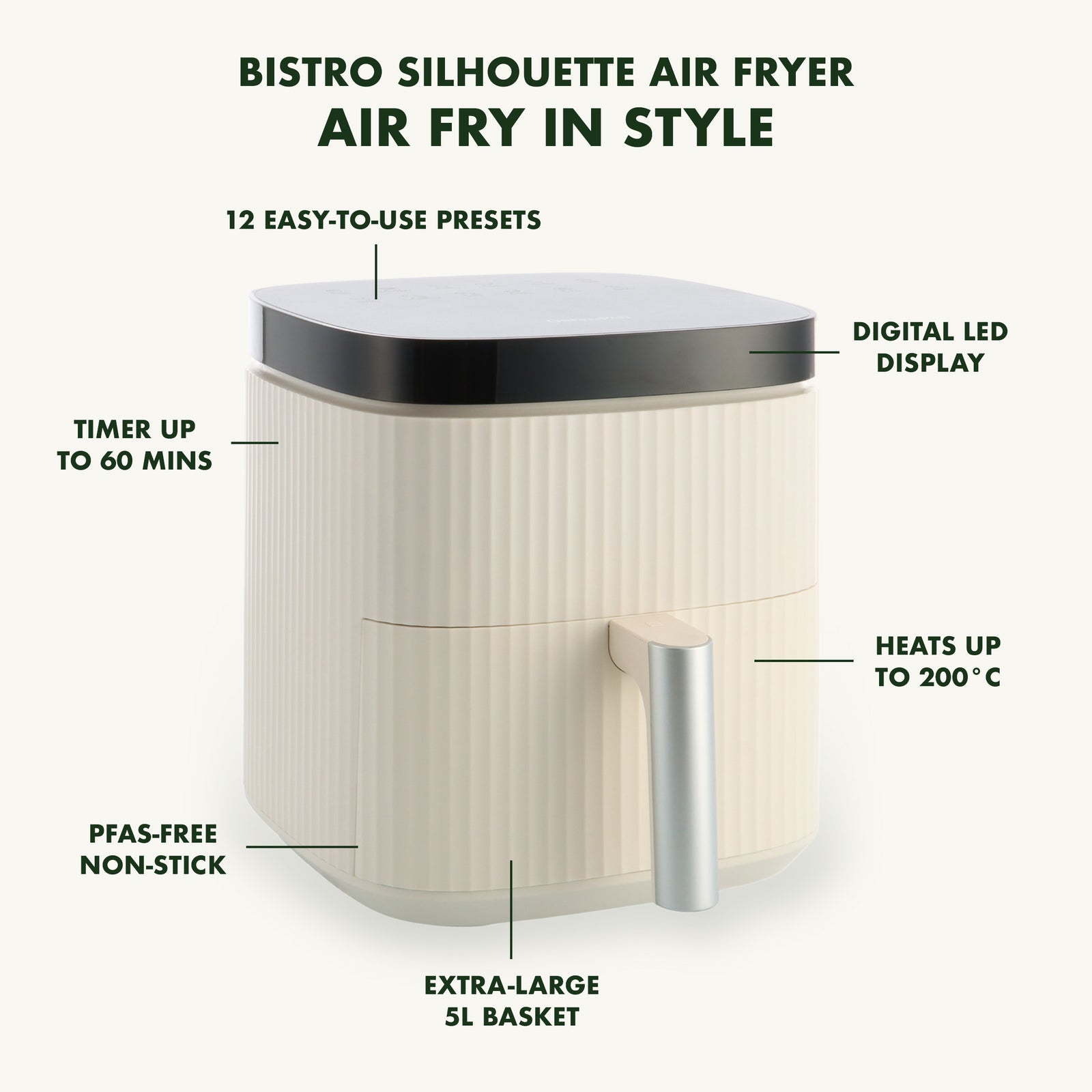 Silhouette Xl Air Fryer With 5l Capacity, Pfas-free Non-stick Coating | Cream