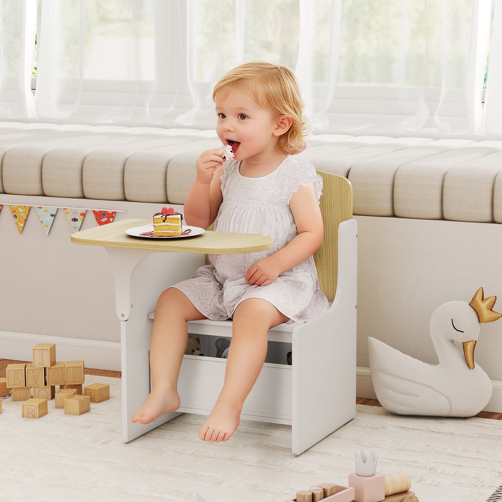 Kids Table And Chair Set, Toddler Desk Chair With Storage Bins | White