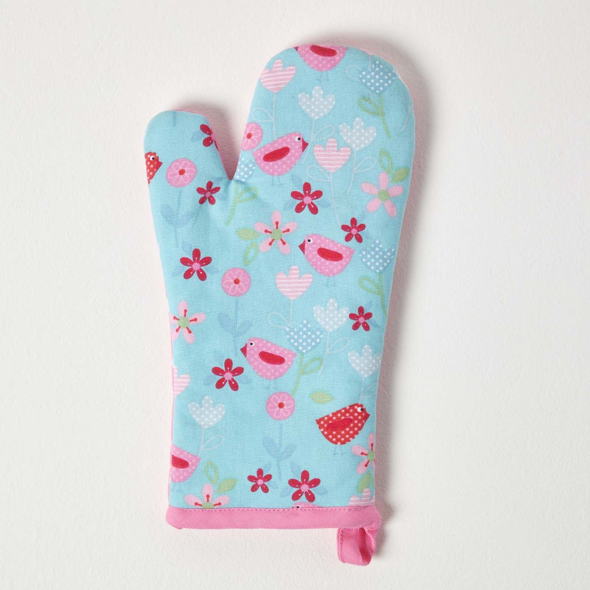 Birds And Flowers Pink Cotton Oven Glove