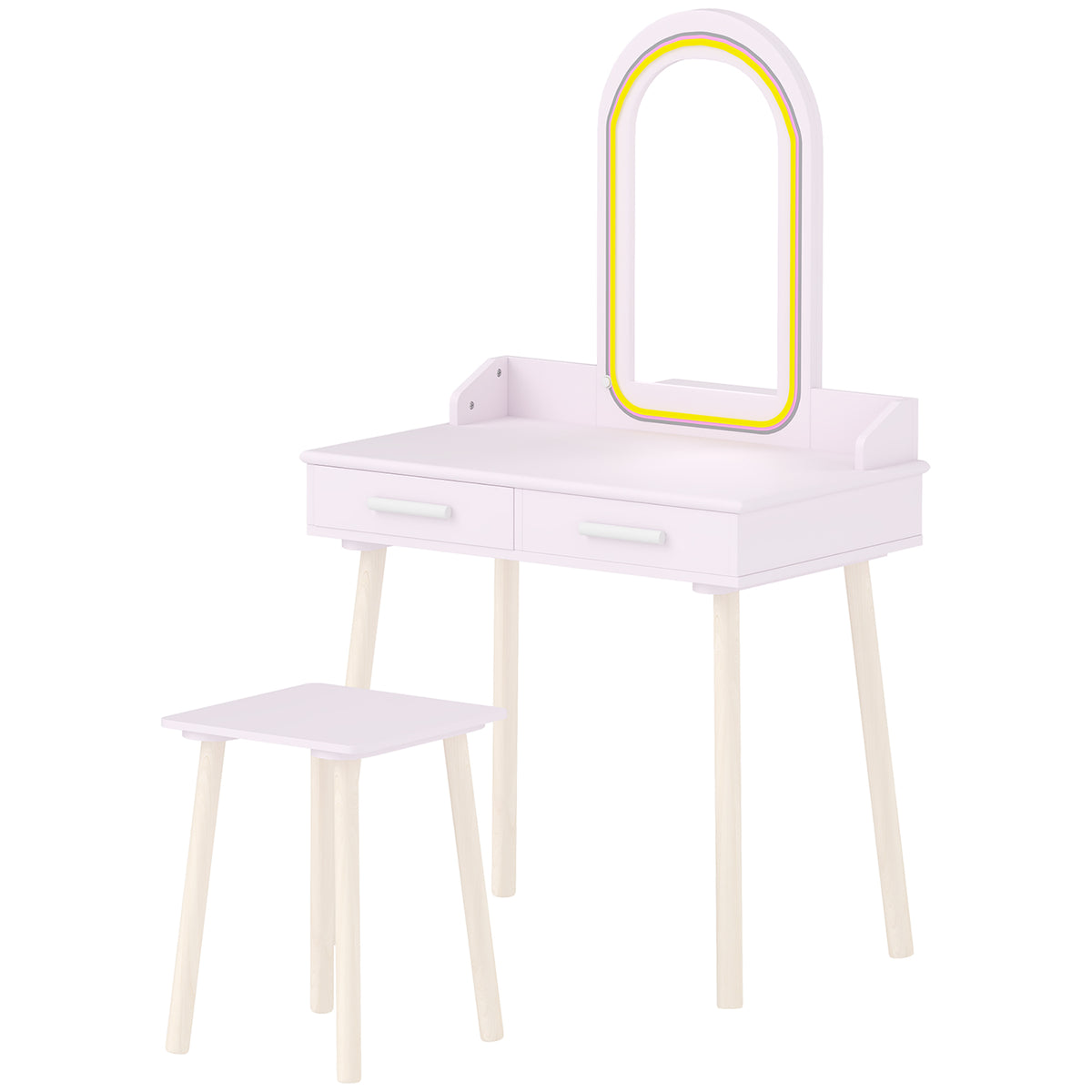 AIYAPLAY Kids Dressing Table With Stool, 3-colour Led Lights Mirror, Drawer