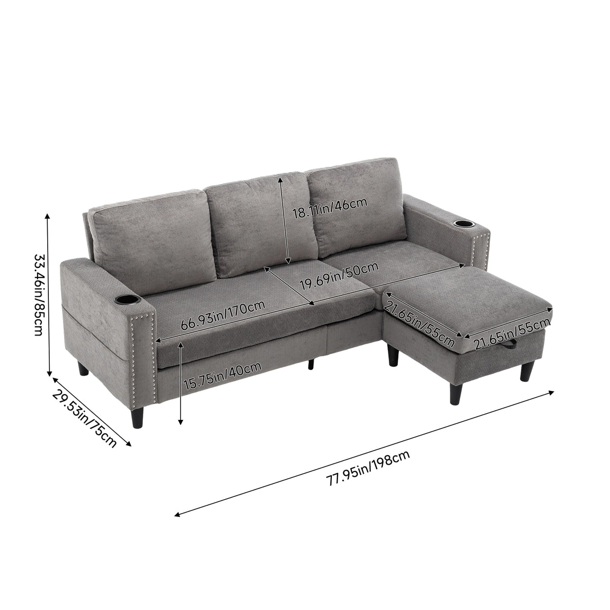 Chenille Upholstered L-shaped 3-seater Sectional Sofa With Ottoman | Grey