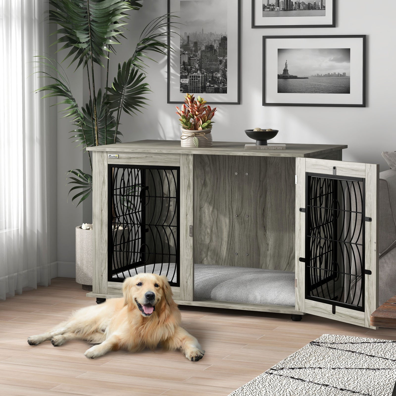 Dog Crate Table W/ Large Top, Washable Cushion