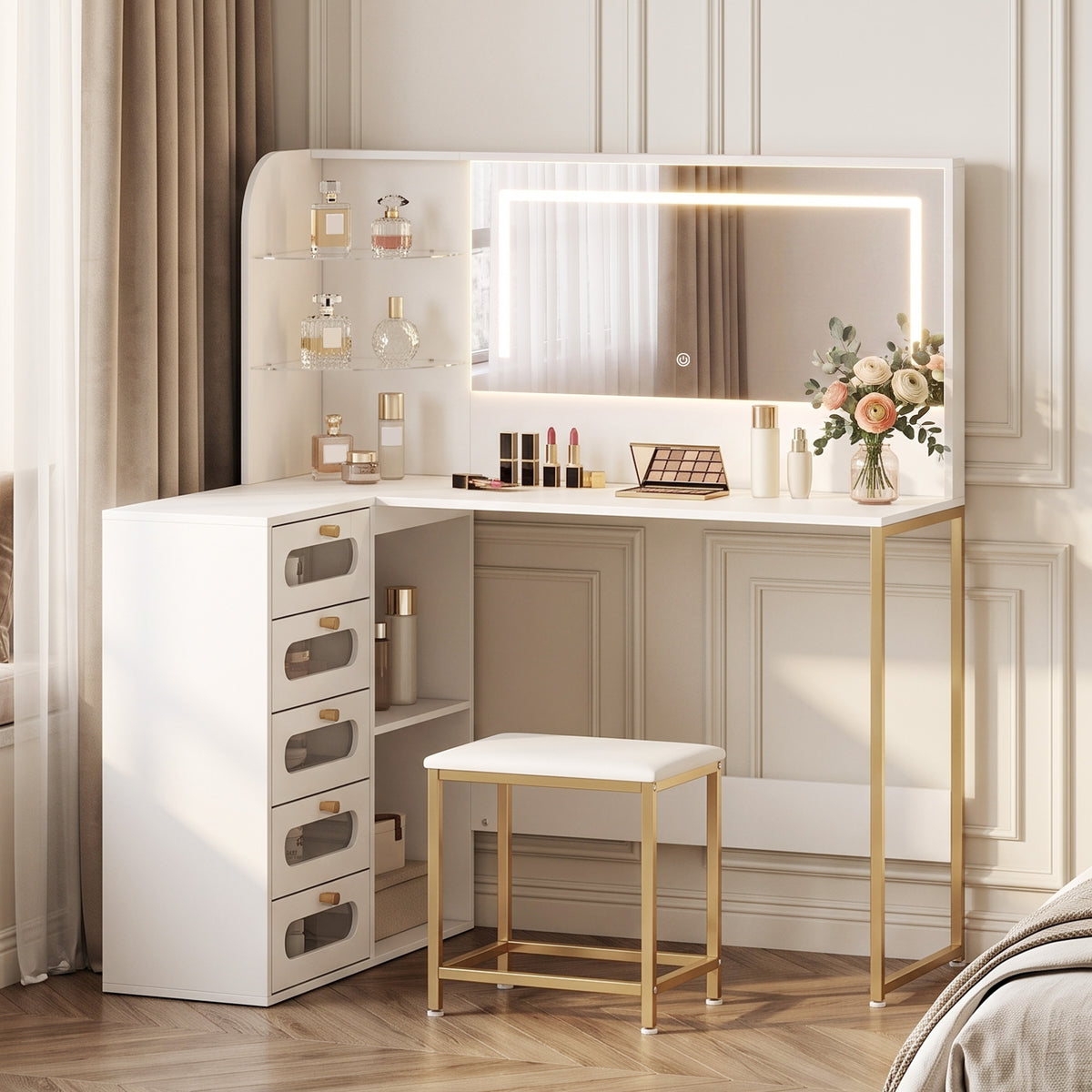 HOMCOM Dressing Table With Led Mirror And Stool, Drawers, Vanity Desk, White