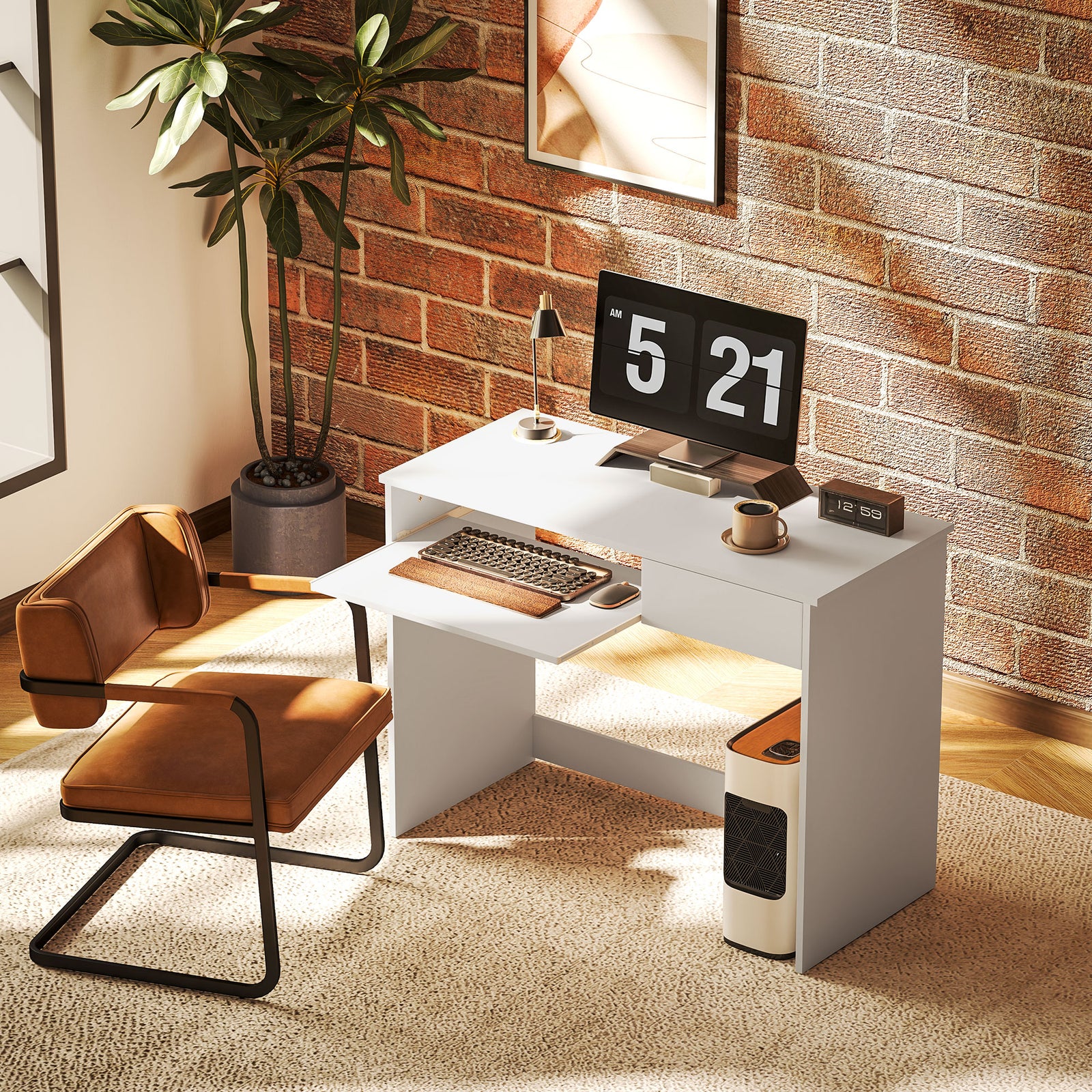 Compact Computer Table With Keyboard Tray And Drawer | White