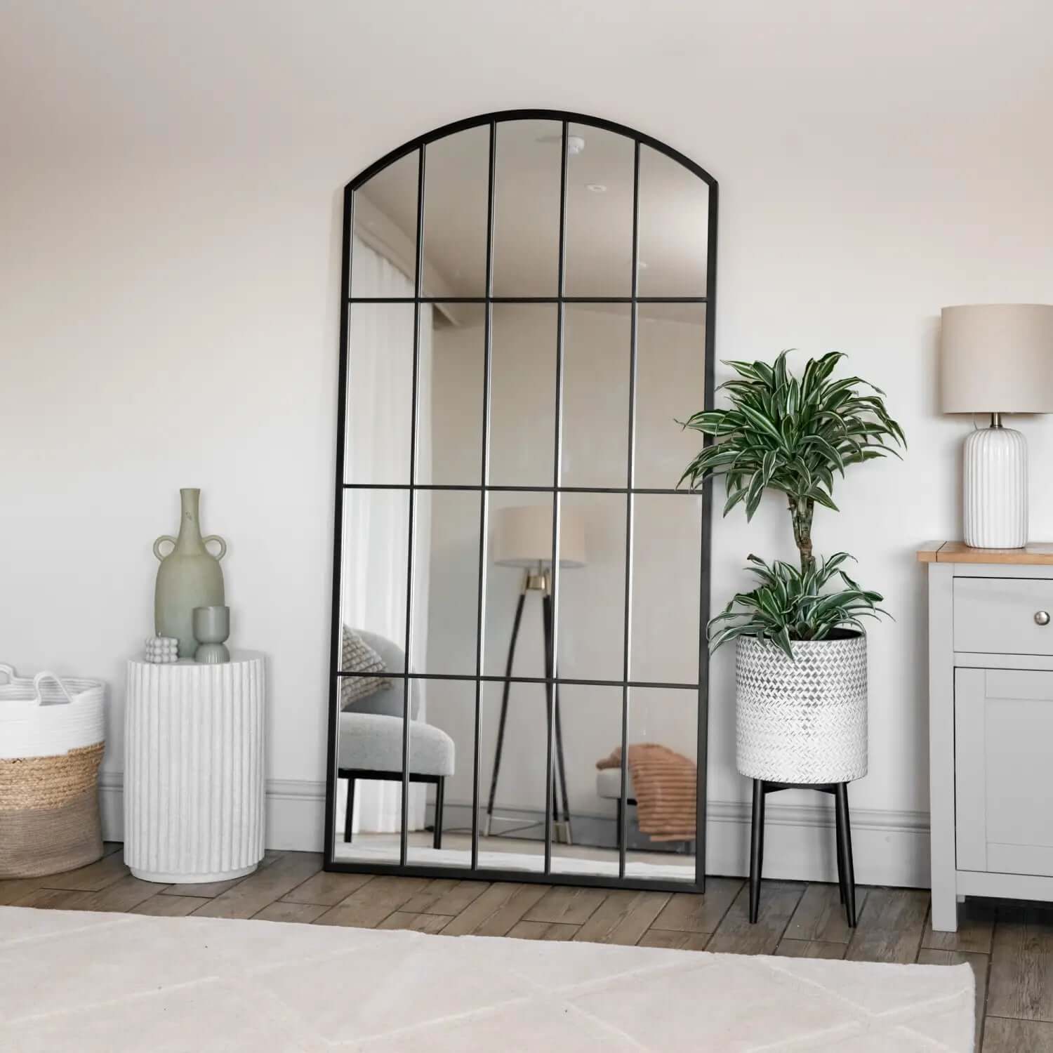 Tomi - Metal Arched Lattice Window Mirror | 180cm x 90cm | Black