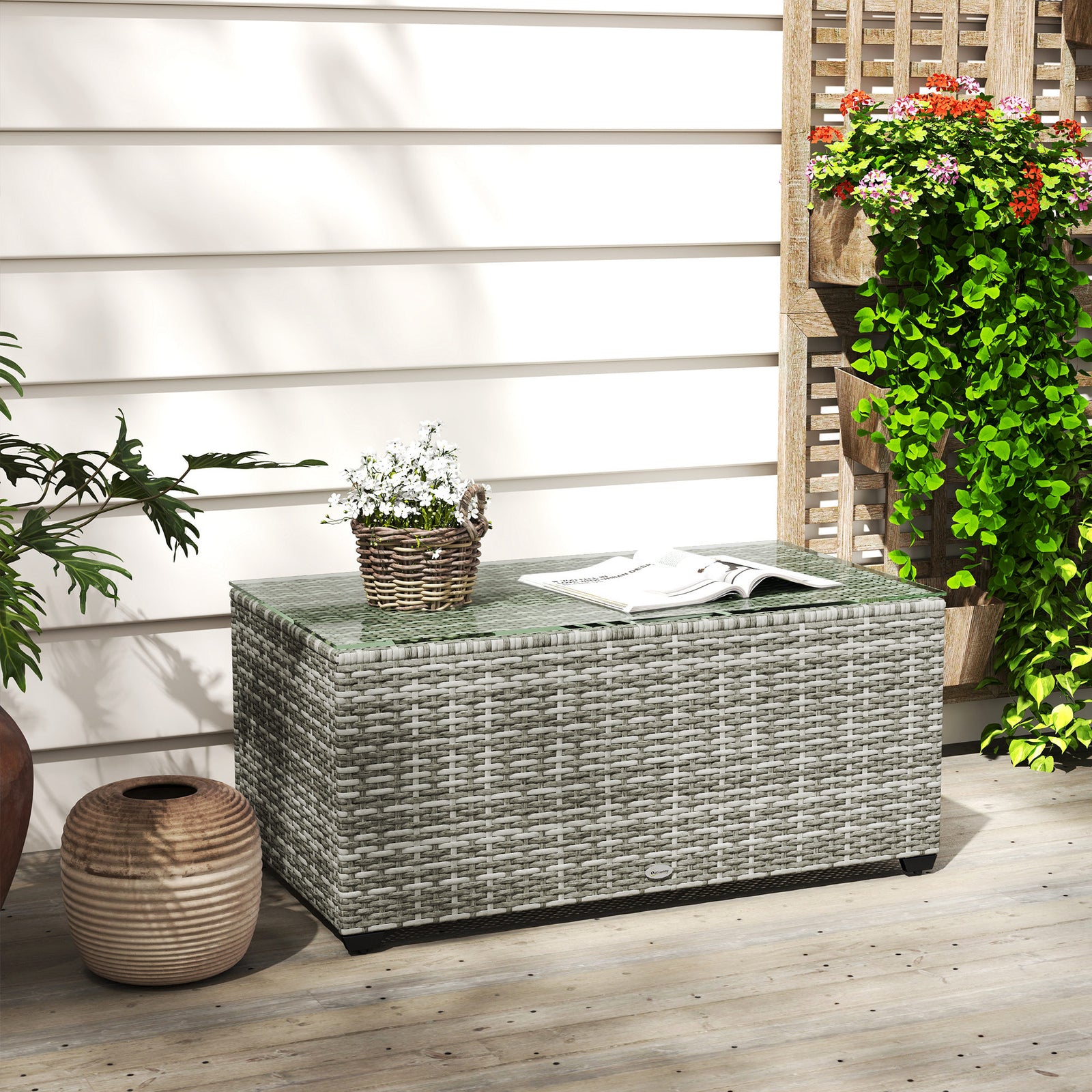 Outdoor Coffee Table, Glass Top Rattan Side Table | Light Grey